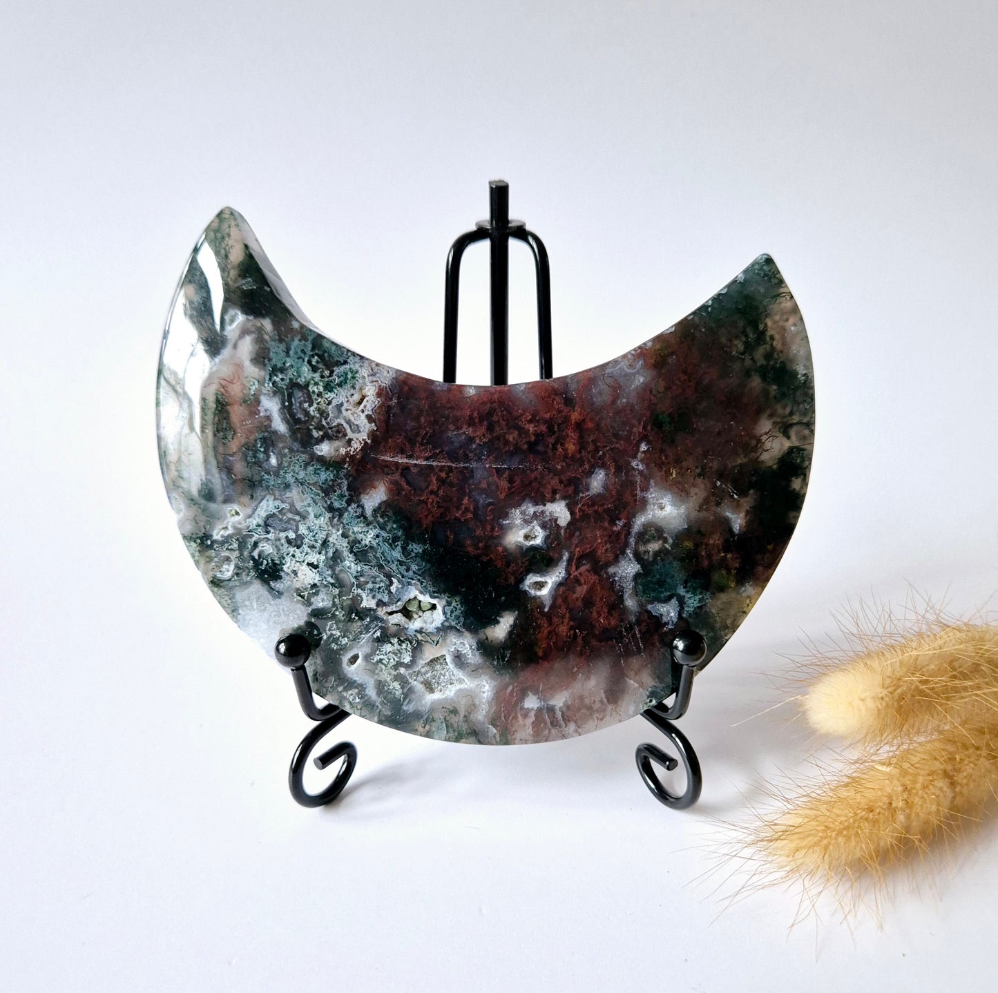 Edelsteen Mosagaat Maan op Standaard (Druzy & Patronen) #121 275gram