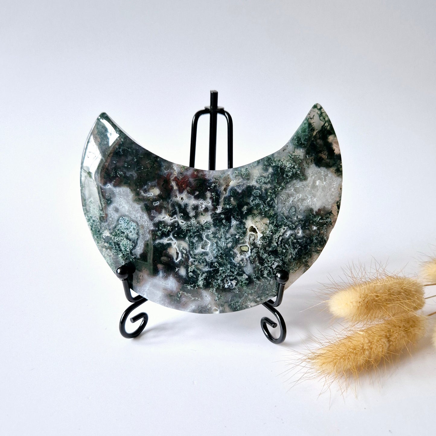 Edelsteen Mosagaat Maan op Standaard (Druzy & Patronen) #121 275gram