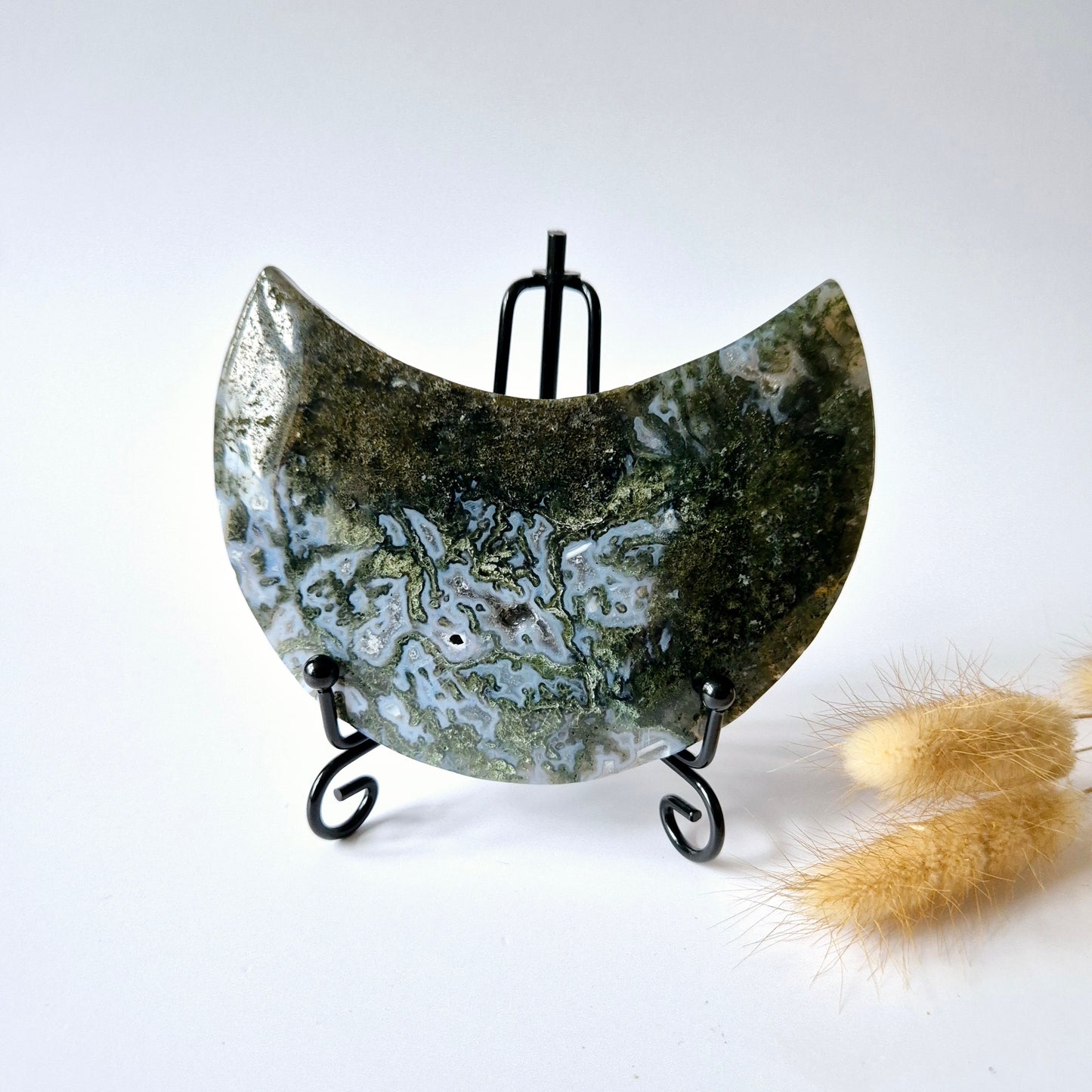 Edelsteen Mosagaat Maan op Standaard (Druzy & Patronen) #122 300gram