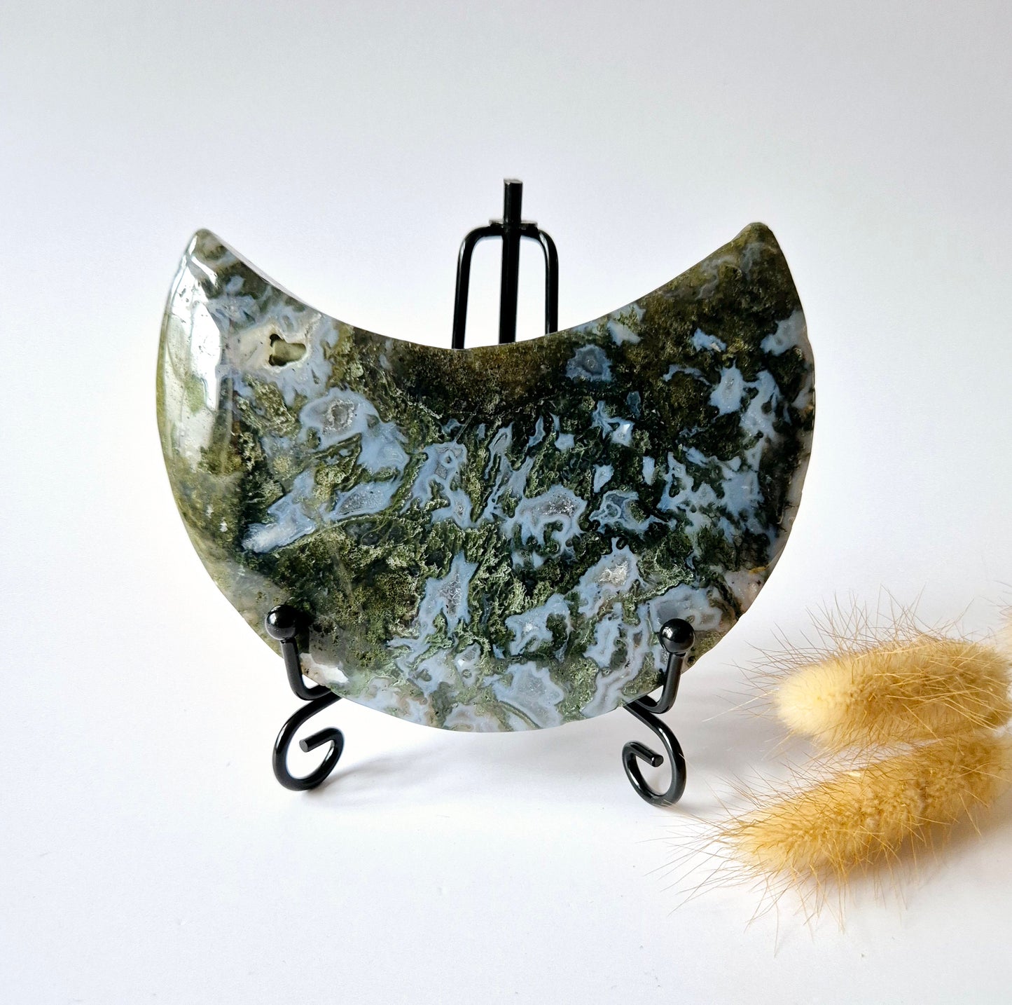 Edelsteen Mosagaat Maan op Standaard (Druzy & Patronen) #122 300gram