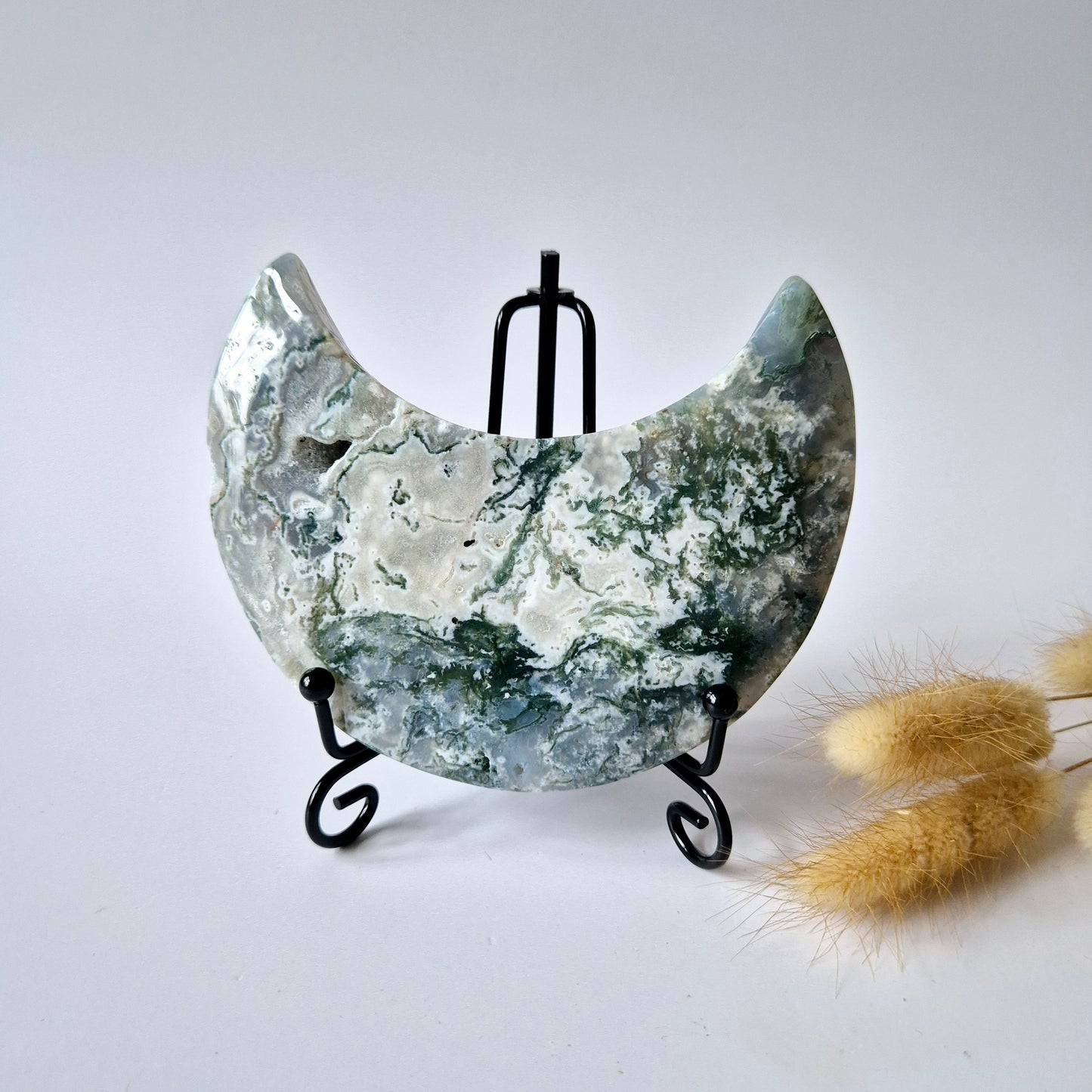 Edelstein Moosachat Mond auf Ständer (Druzy & Muster) Nr. 127 310 Gramm