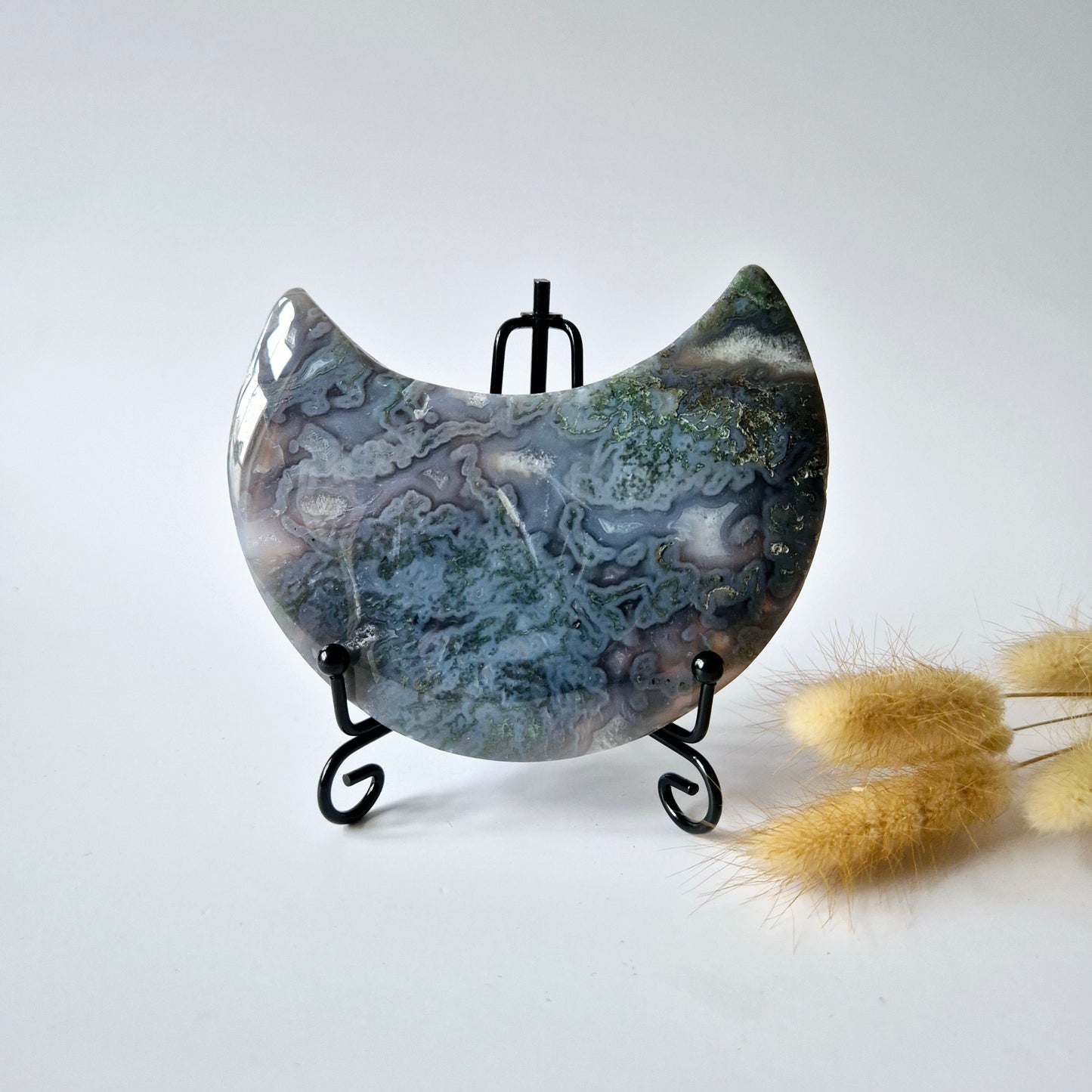 Edelsteen Mosagaat Maan op Standaard (Druzy & Patronen) #129 323gram