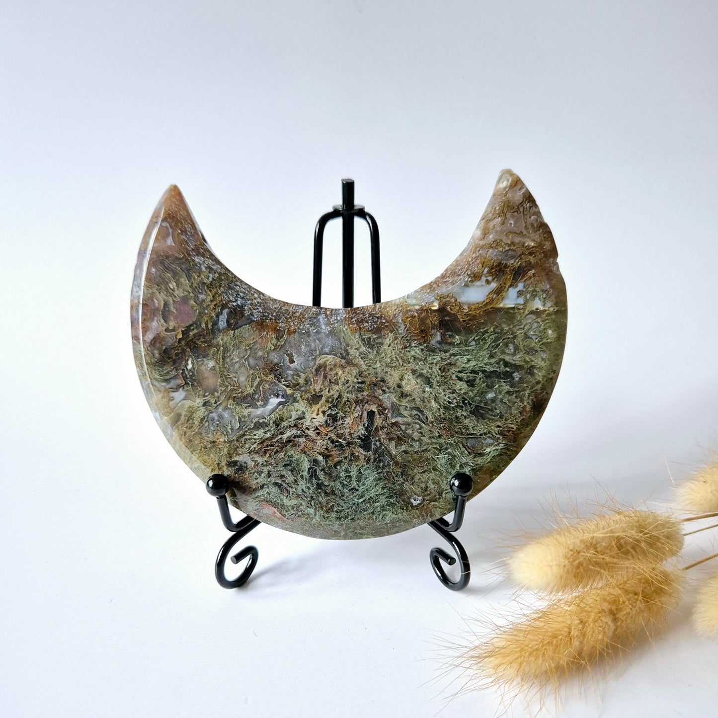 Edelsteen Mosagaat Maan op Standaard (Druzy & Patronen) #131 265gram