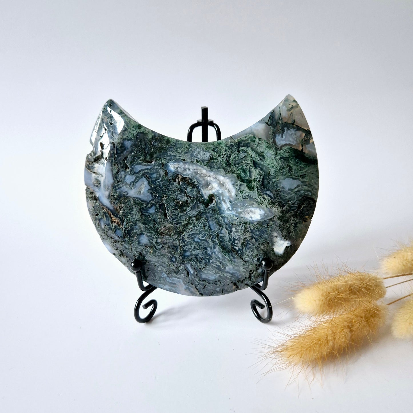 Edelsteen Mosagaat Maan op Standaard (Druzy & Patronen) #132 357gram