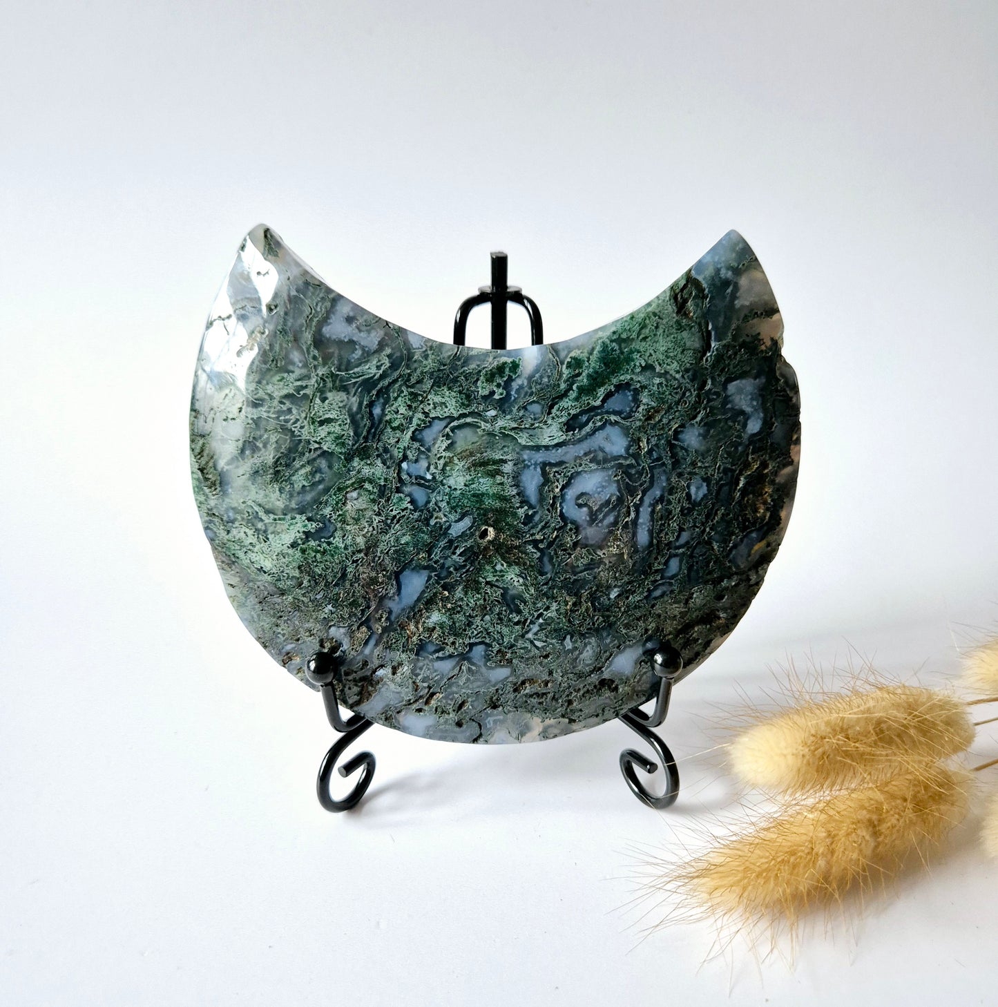 Edelsteen Mosagaat Maan op Standaard (Druzy & Patronen) #132 357gram