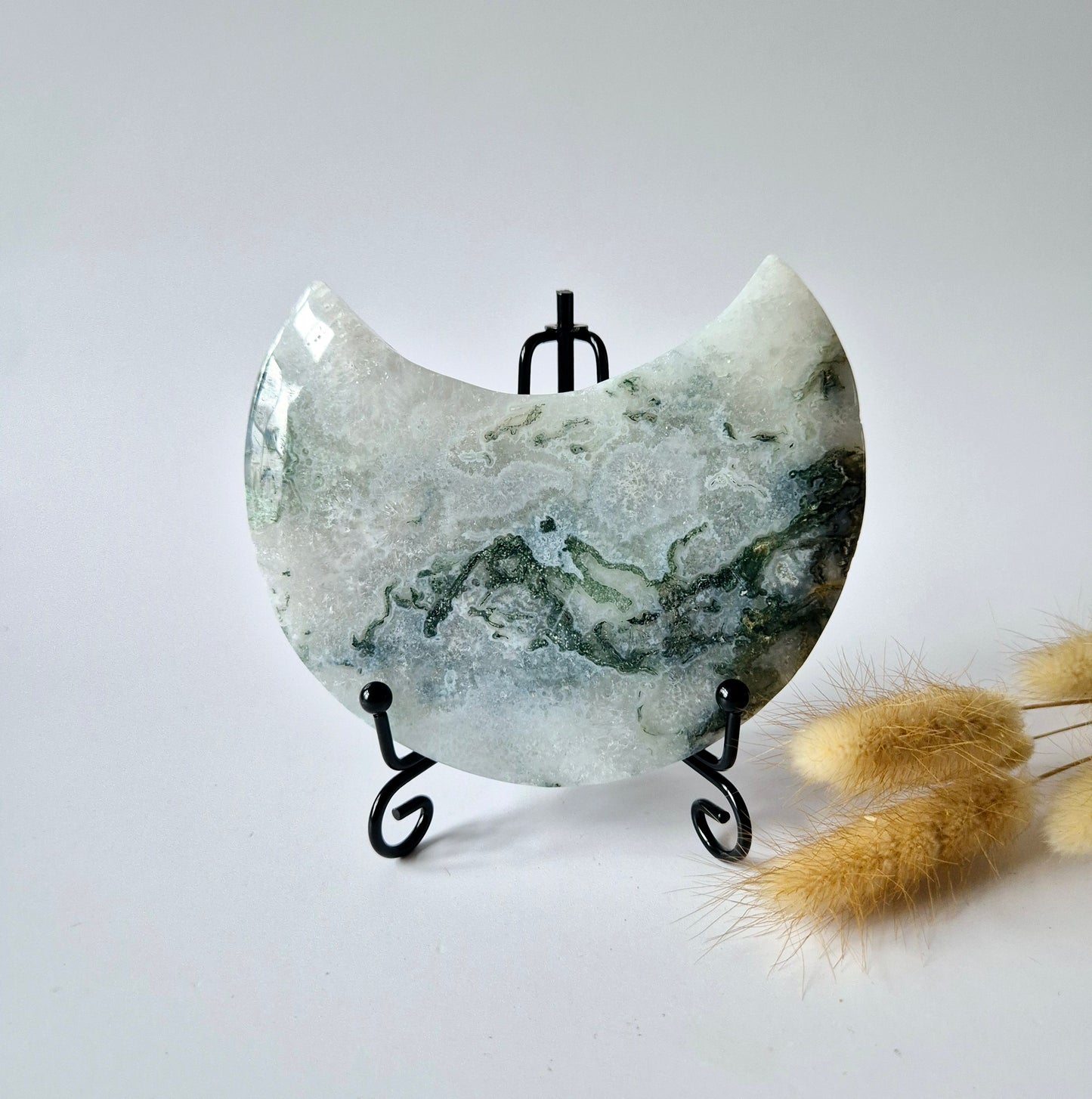 Edelsteen Mosagaat Maan op Standaard (Druzy & Patronen) #133 385gram