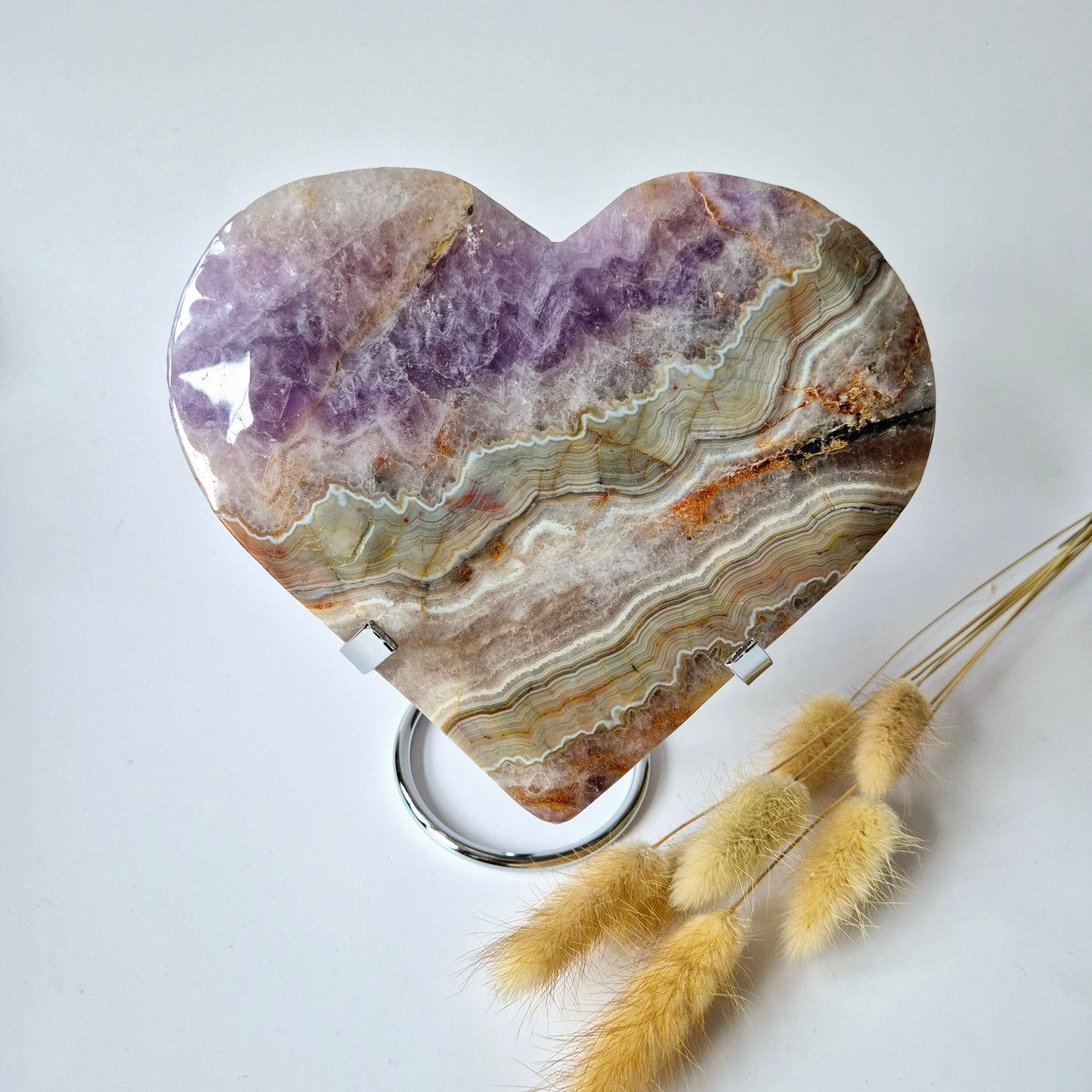XL Amethyst Agate Gemstone Heart (860g) – Including Stand - #8