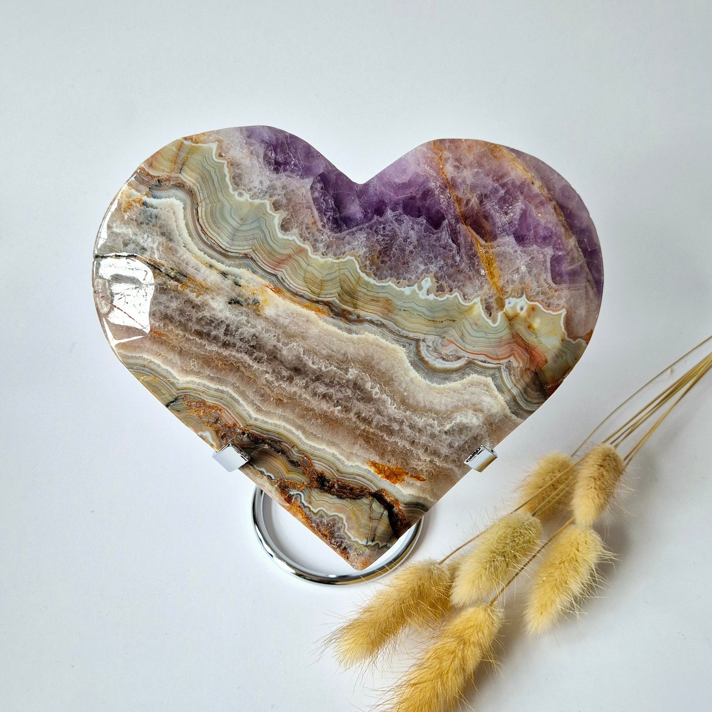 XL Amethyst Agate Gemstone Heart (860g) – Including Stand - #8