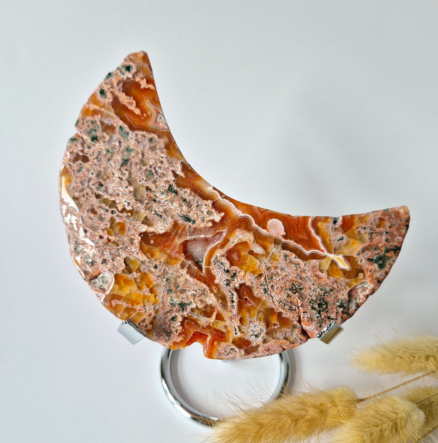 Red Druzy Moss Agate Moon (10-12 cm) on stand – #8