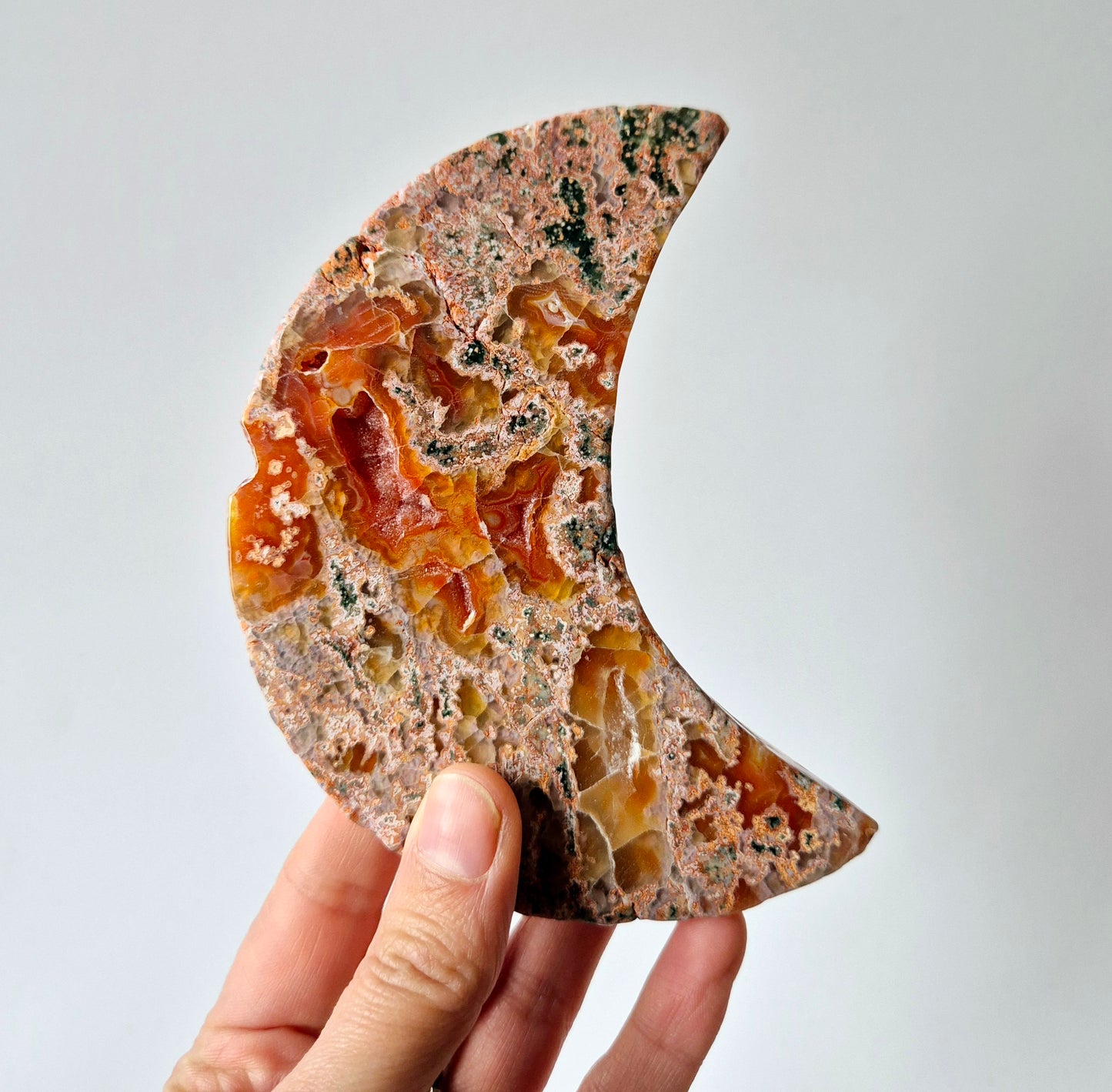 Red Druzy Moss Agate Moon (10-12 cm) on stand – #8
