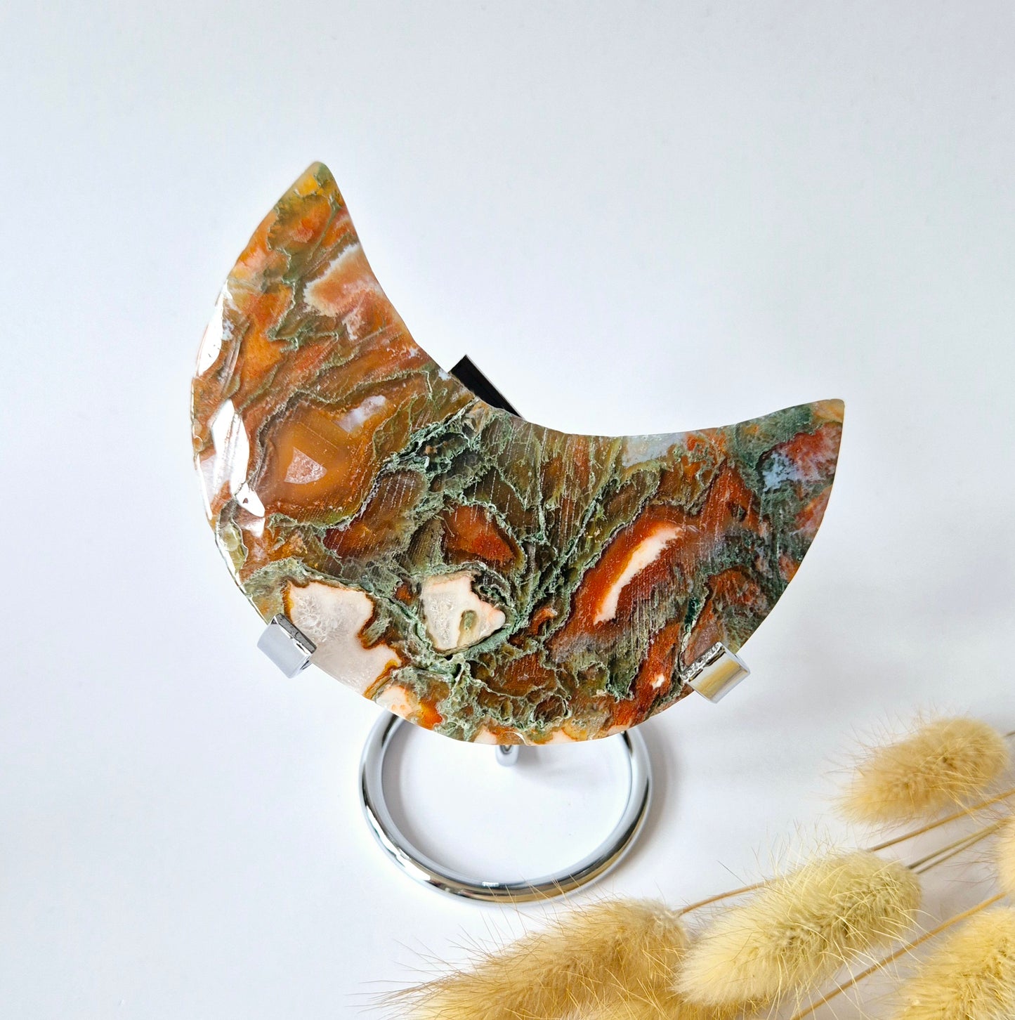 Red Druzy Moss Agate Moon (10-12 cm) on stand – #4