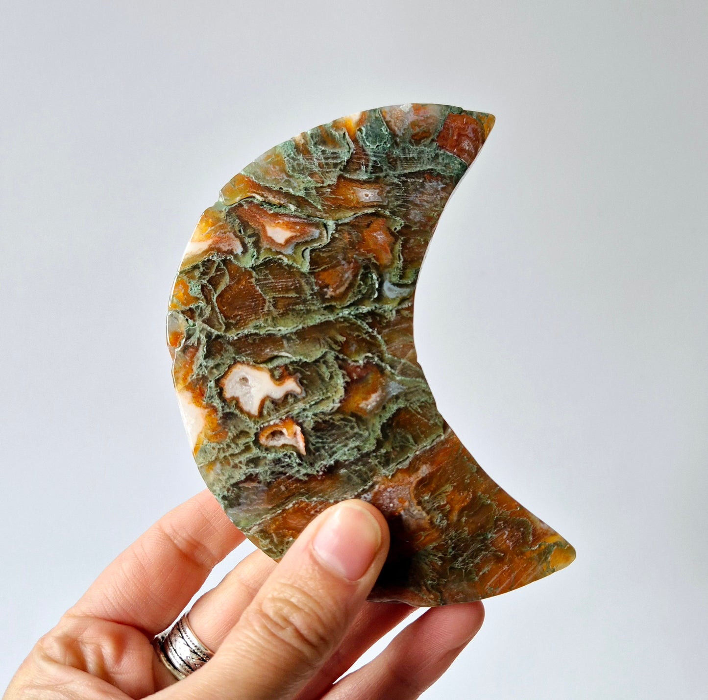 Red Druzy Moss Agate Moon (10-12 cm) on stand – #4
