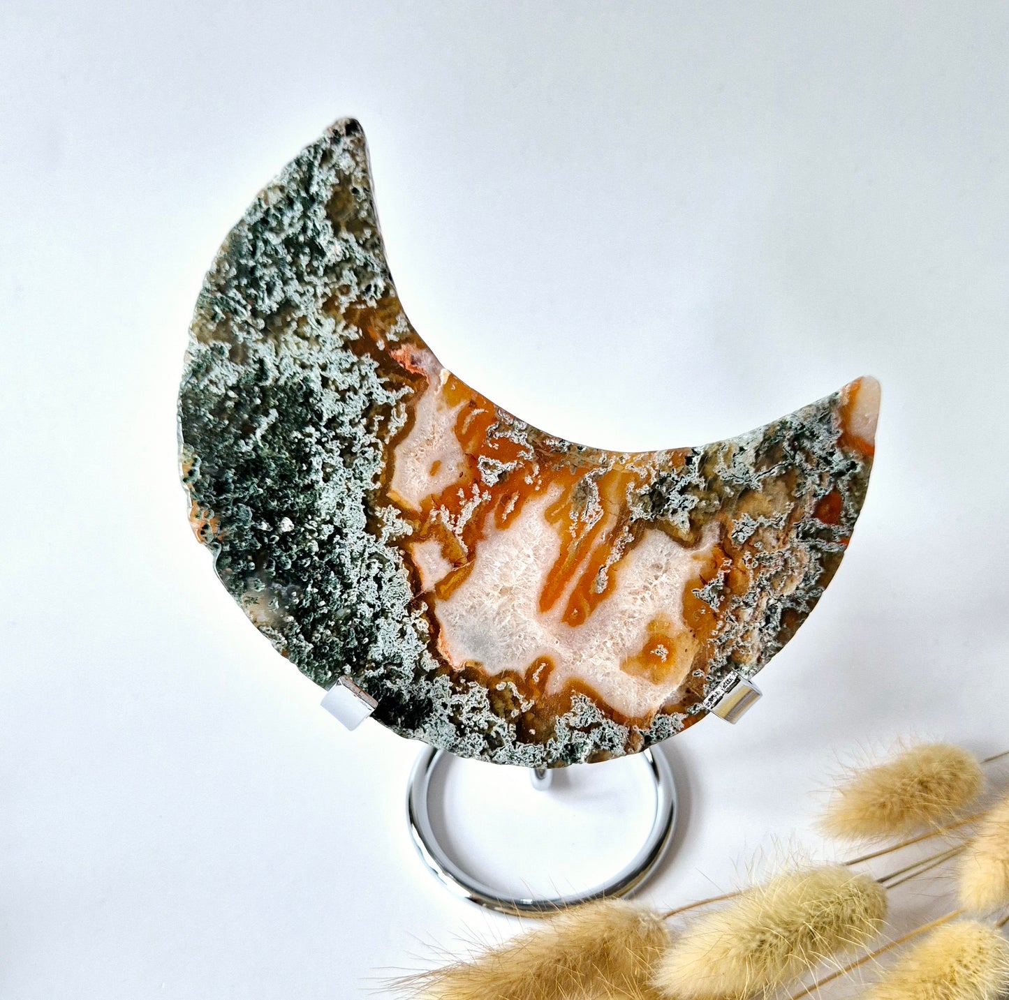 Red Druzy Moss Agate Moon (10-12 cm) on stand – #3