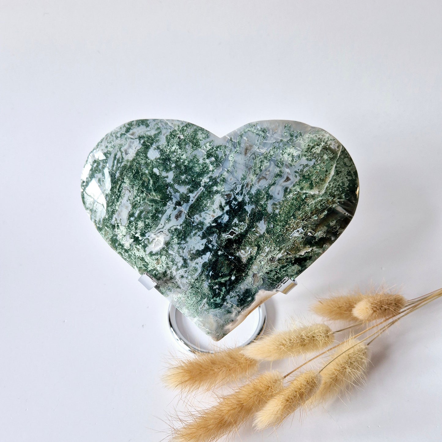 Gemstone Large Druzy Moss Agate Heart on Metal Stand – #33 446 grams