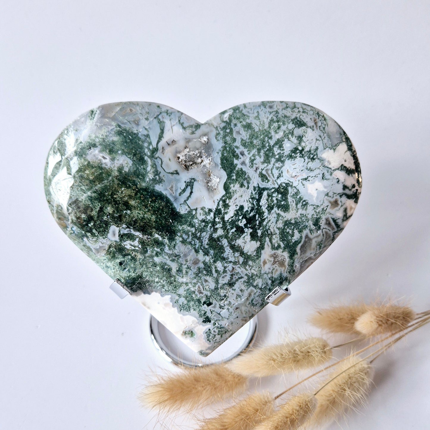 Gemstone Large Druzy Moss Agate Heart on Metal Stand – #33 446 grams
