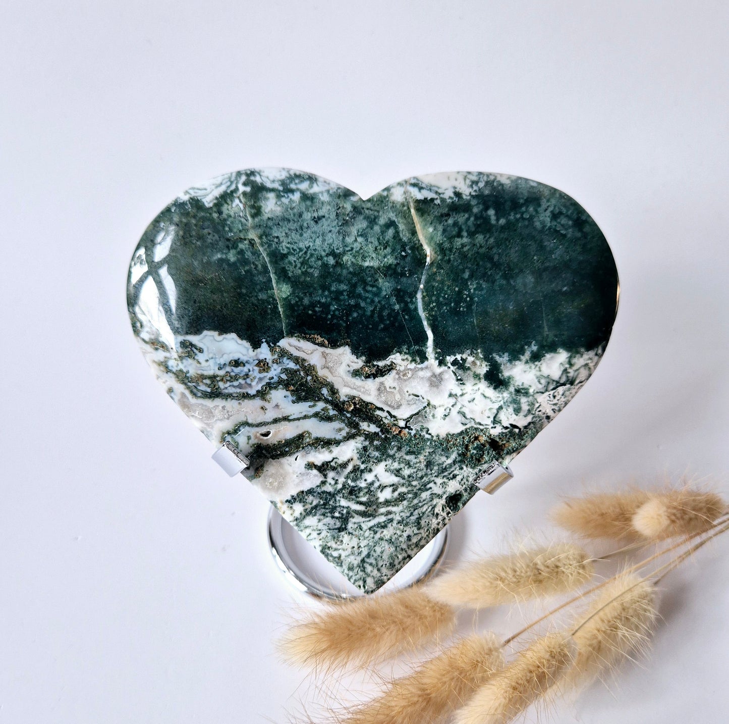 Gemstone Large Druzy Moss Agate Heart on Metal Stand – #34 394 grams