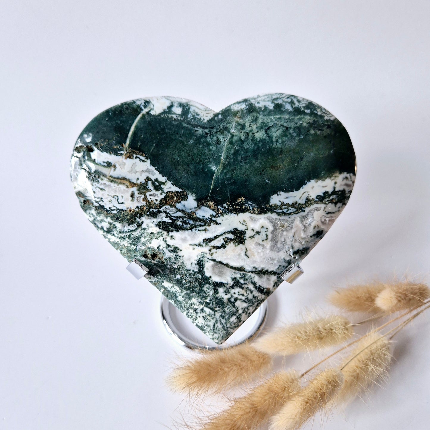 Gemstone Large Druzy Moss Agate Heart on Metal Stand – #34 394 grams