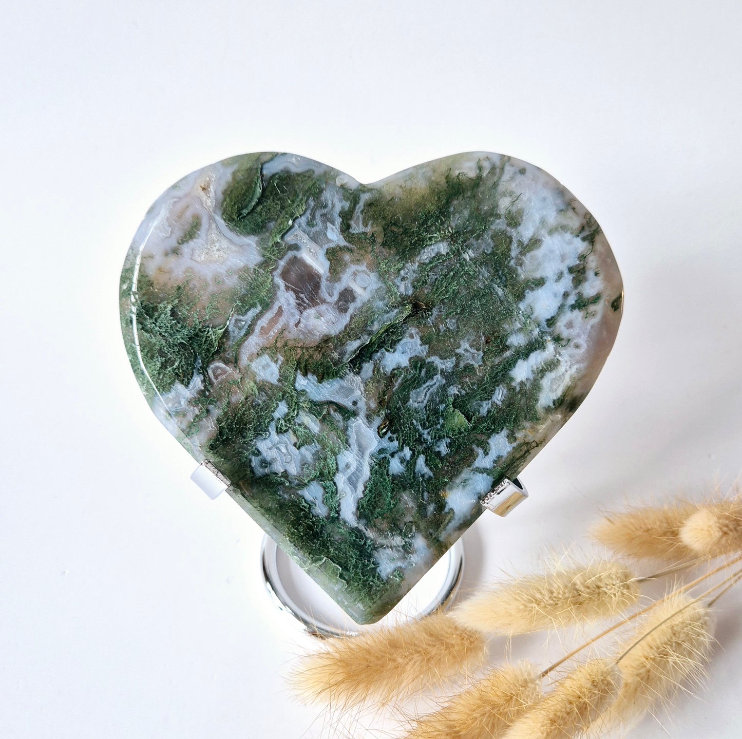 Gemstone Large Druzy Moss Agate Heart on Metal Stand – #35 323 grams