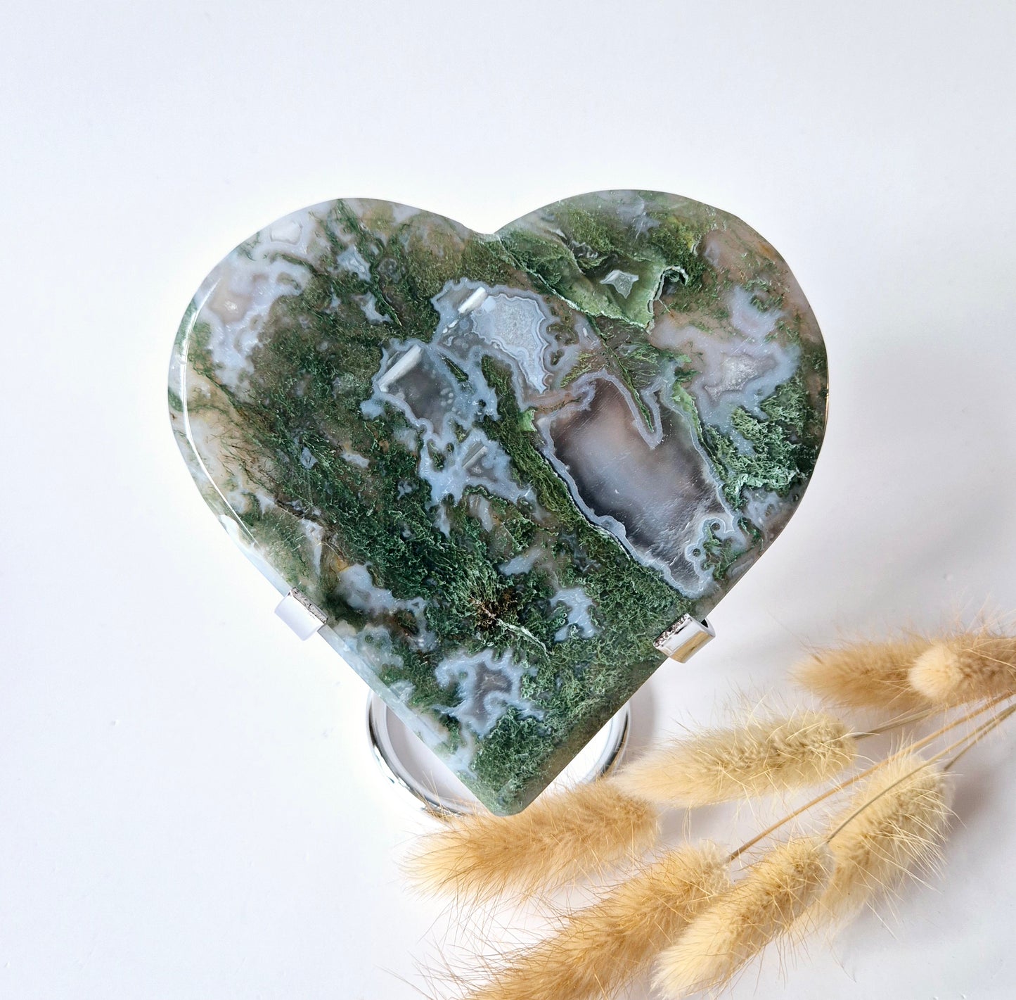 Gemstone Large Druzy Moss Agate Heart on Metal Stand – #35 323 grams