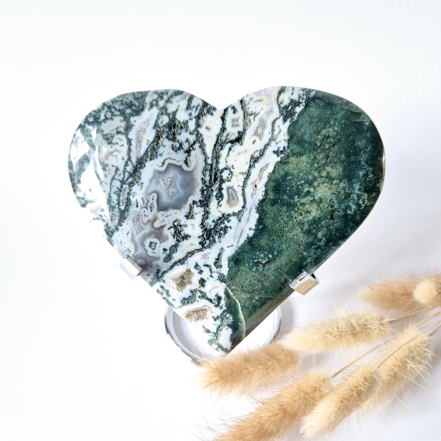 Edelstein Großes Druzy-Moosachat-Herz auf Metallständer – Nr. 36, 342 Gramm