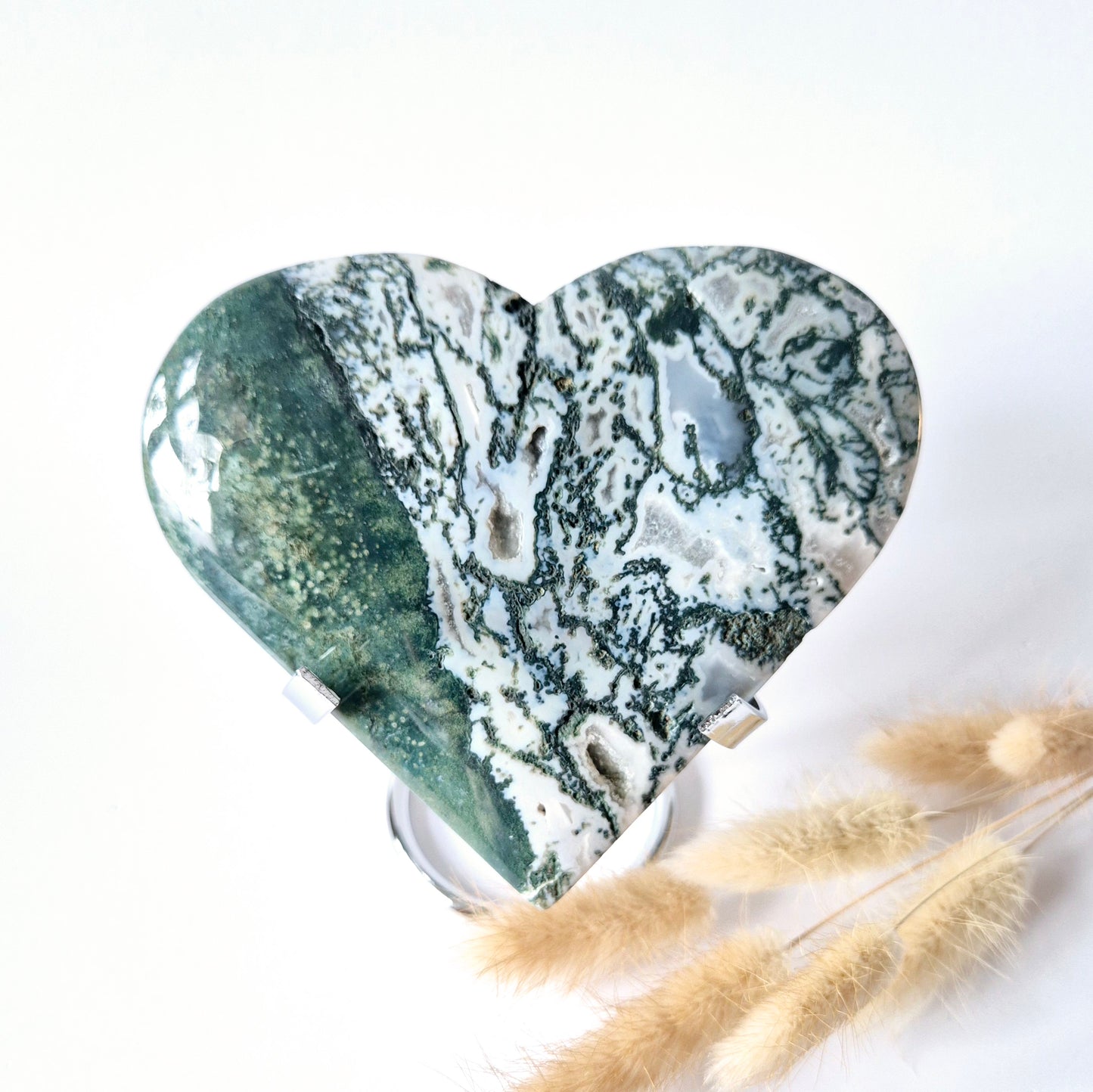Edelstein Großes Druzy-Moosachat-Herz auf Metallständer – Nr. 36, 342 Gramm