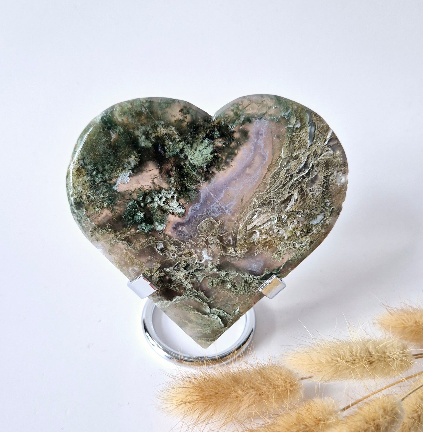Edelsteen Grote Druzy Mosagaat Hart op Metalen Standaard – #42 190gram