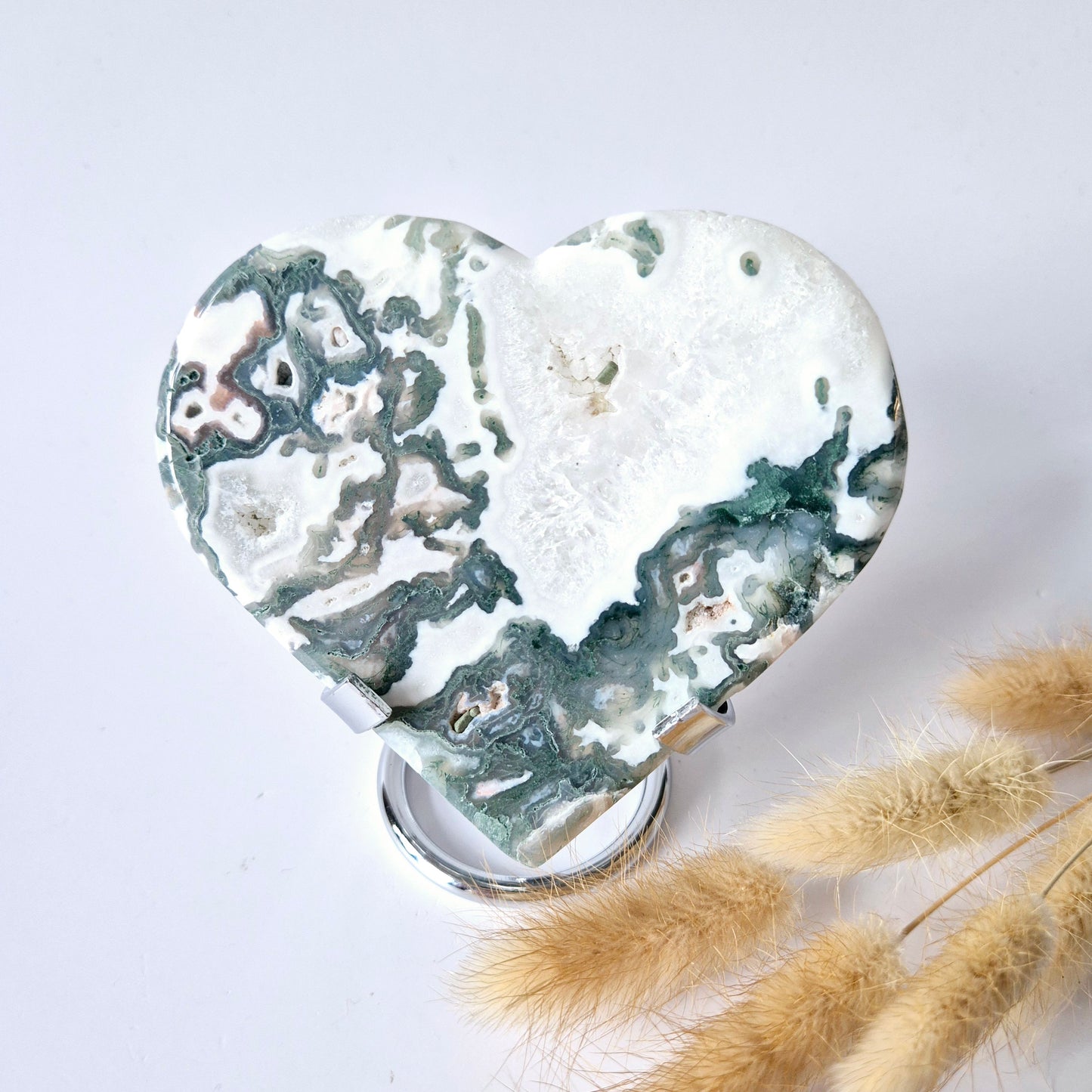 Gemstone Large Druzy Moss Agate Heart on Metal Stand – #44 182gram