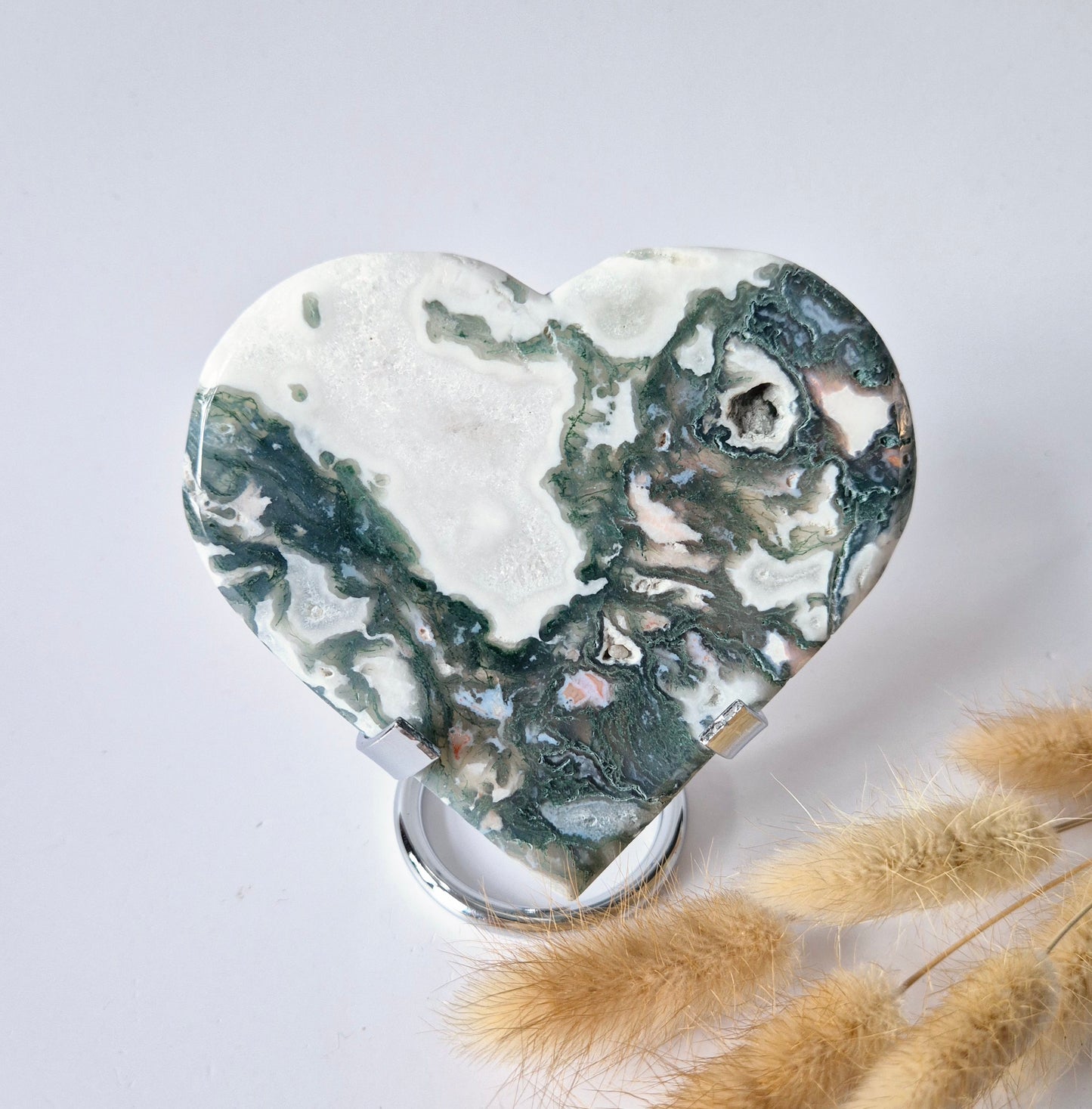 Gemstone Large Druzy Moss Agate Heart on Metal Stand – #44 182gram