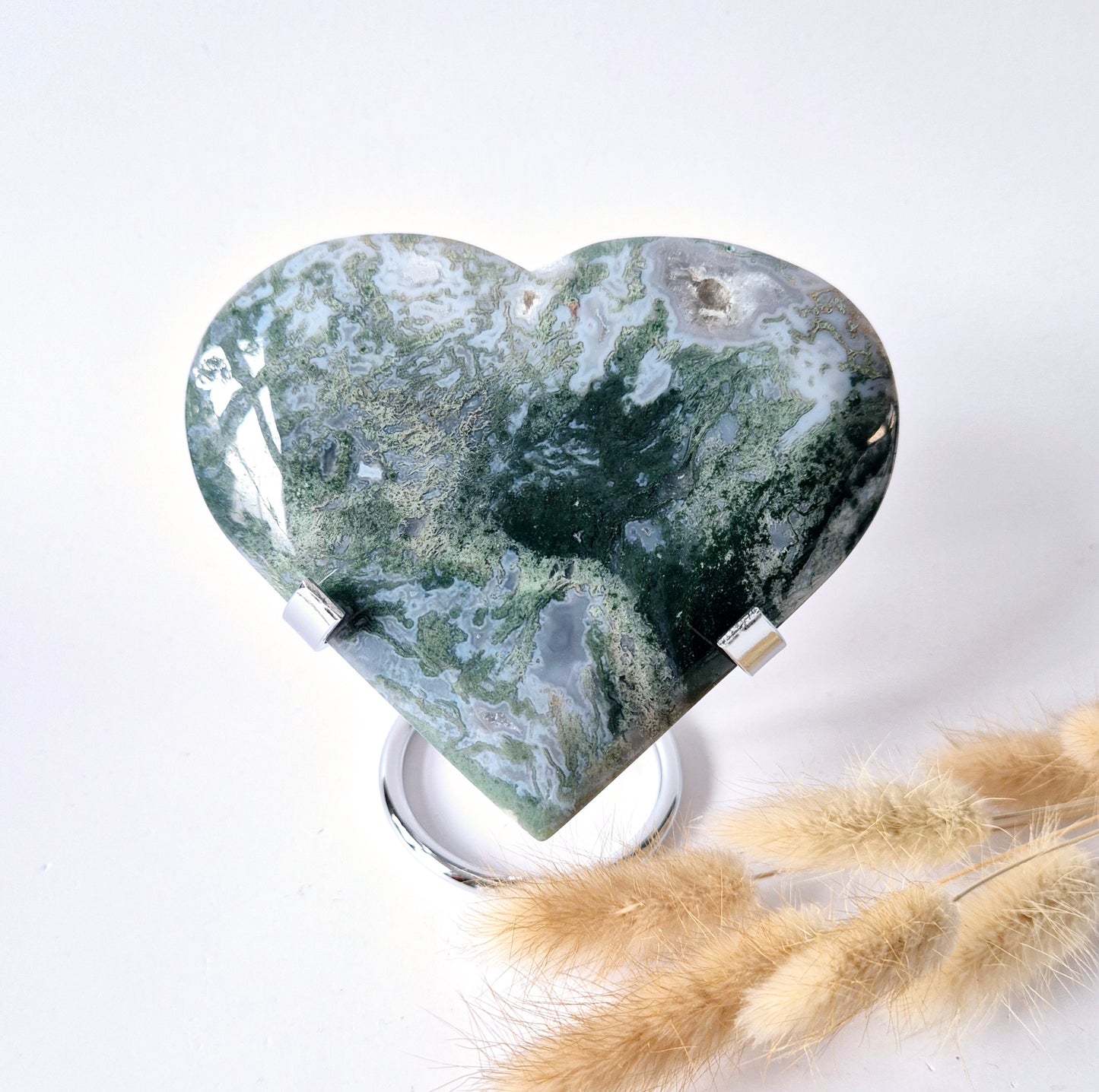 Edelstein Großes Druzy-Moosachat-Herz auf Metallständer – Nr. 51, 348 Gramm