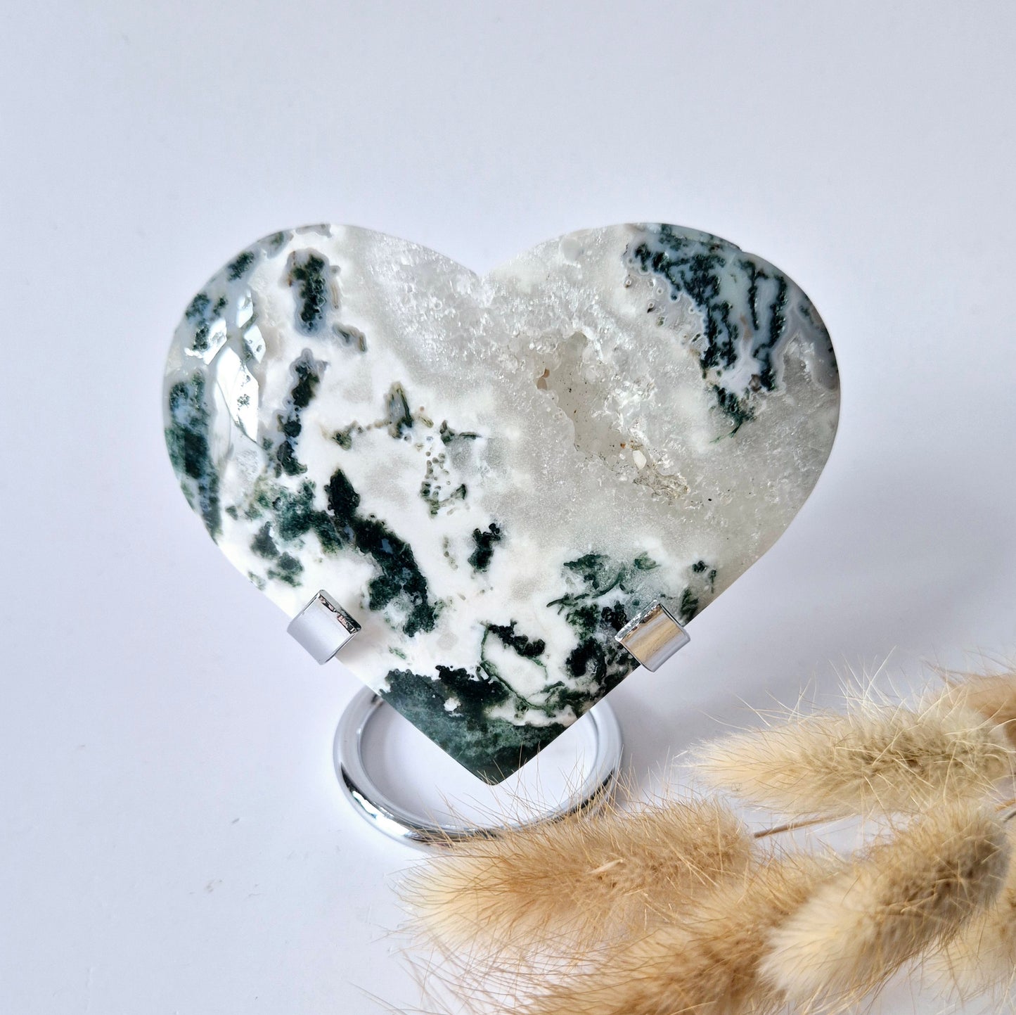 Gemstone Large Druzy Moss Agate Heart on Metal Stand – #54 205gram
