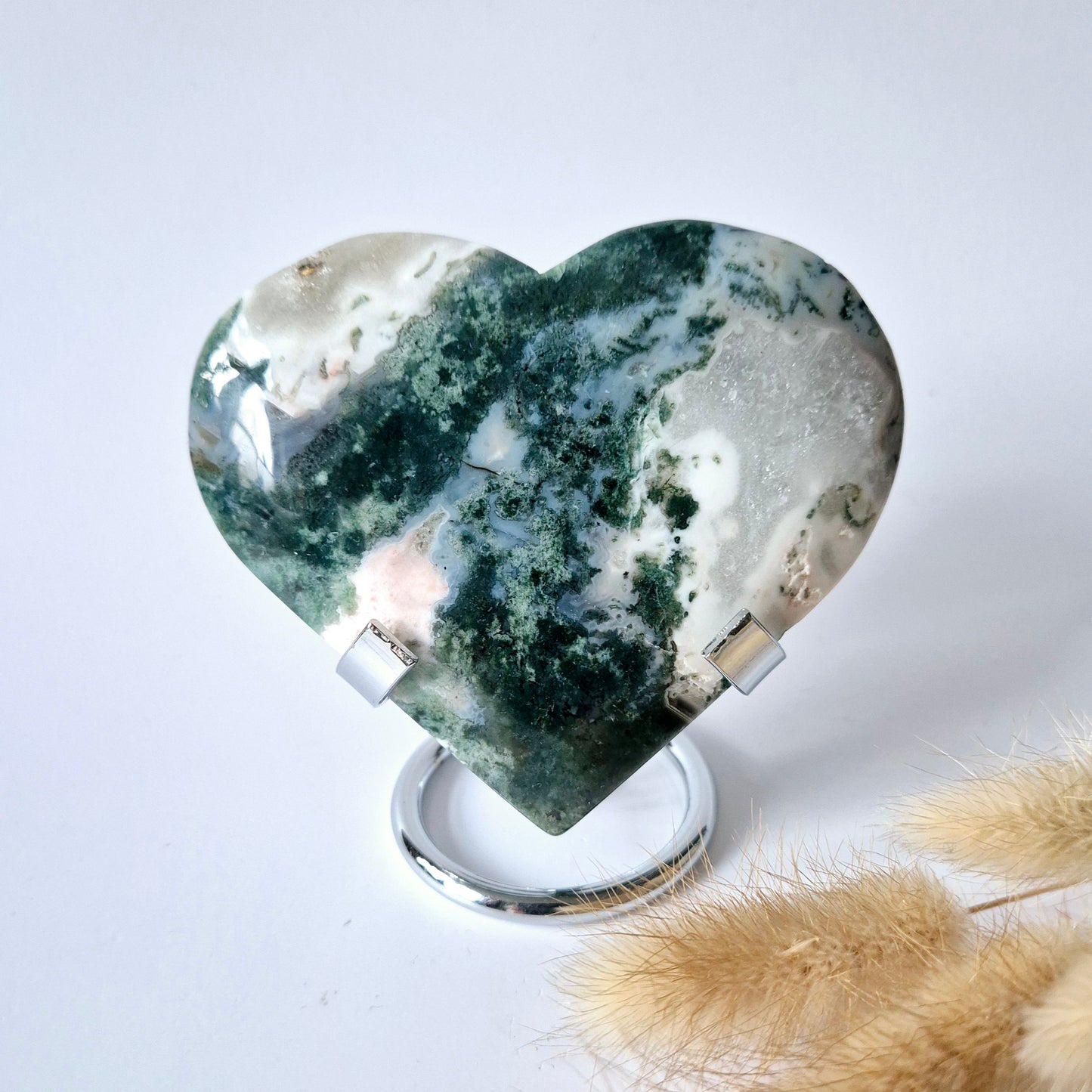Edelstein Großes Druzy-Moosachat-Herz auf Metallständer – Nr. 57, 227 Gramm
