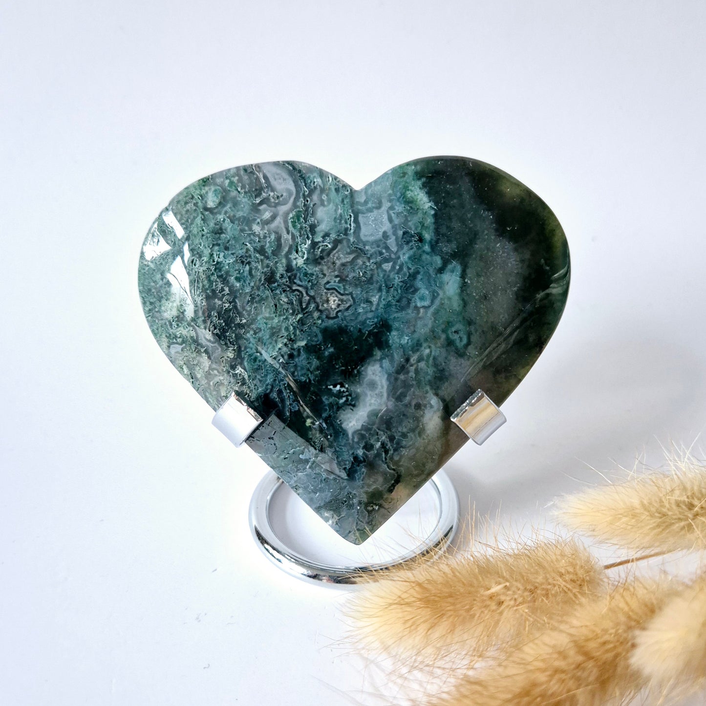 Gemstone Large Druzy Moss Agate Heart on Metal Stand – #58 188gram