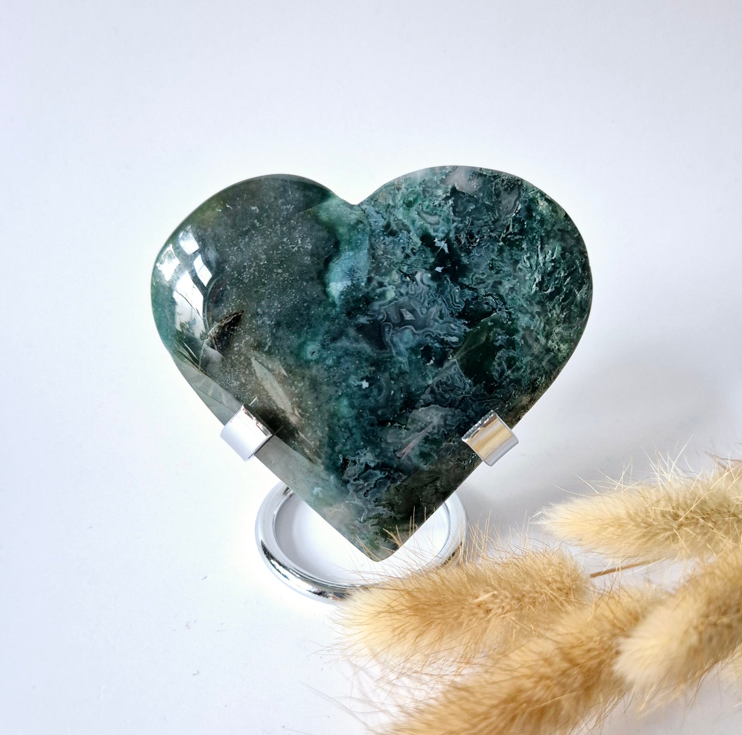 Gemstone Large Druzy Moss Agate Heart on Metal Stand – #58 188gram