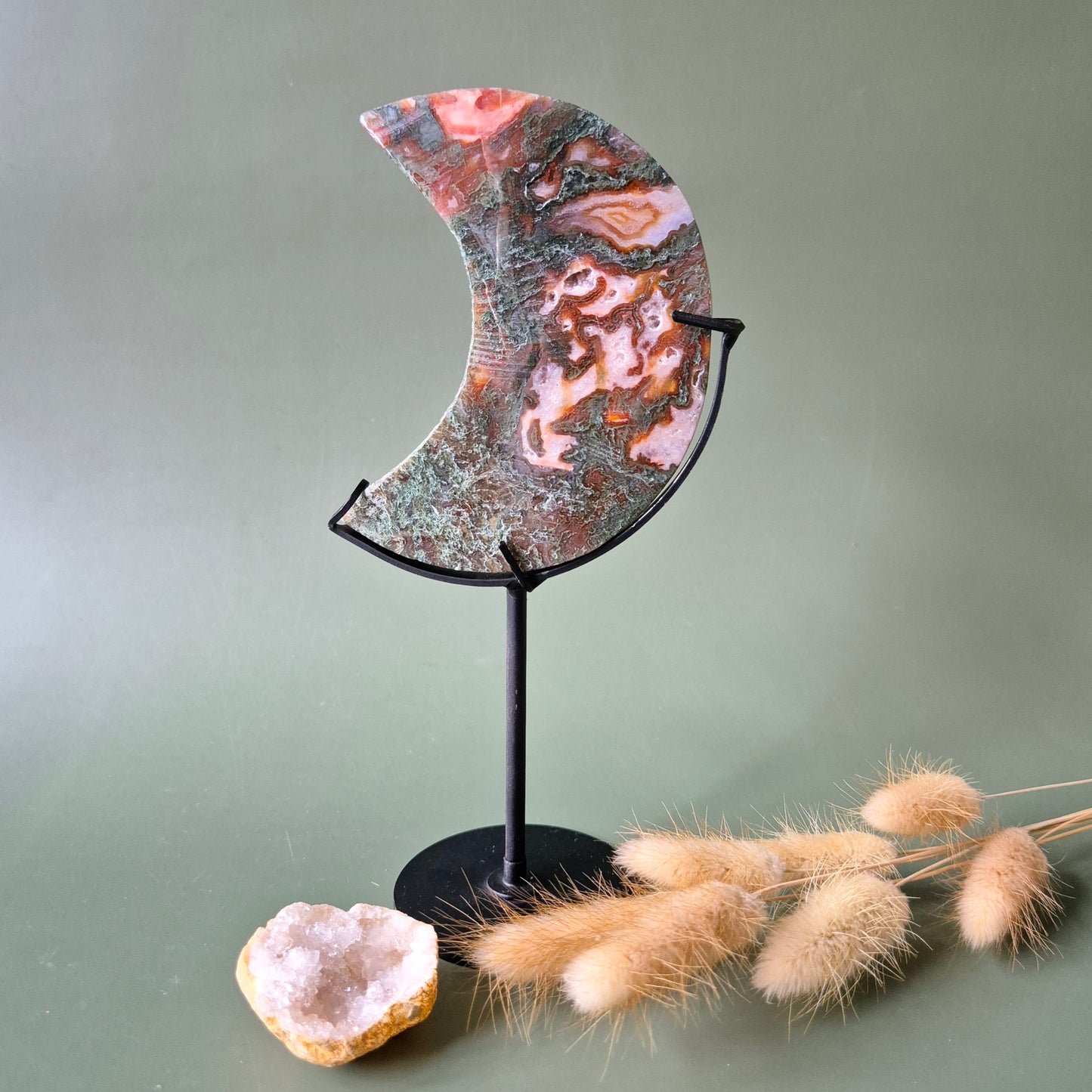 Red Druzy Moss Agate Moon (10-12 cm) on stand – #24