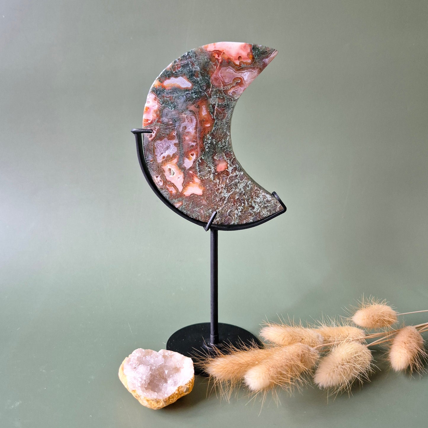Red Druzy Moss Agate Moon (10-12 cm) on stand – #24