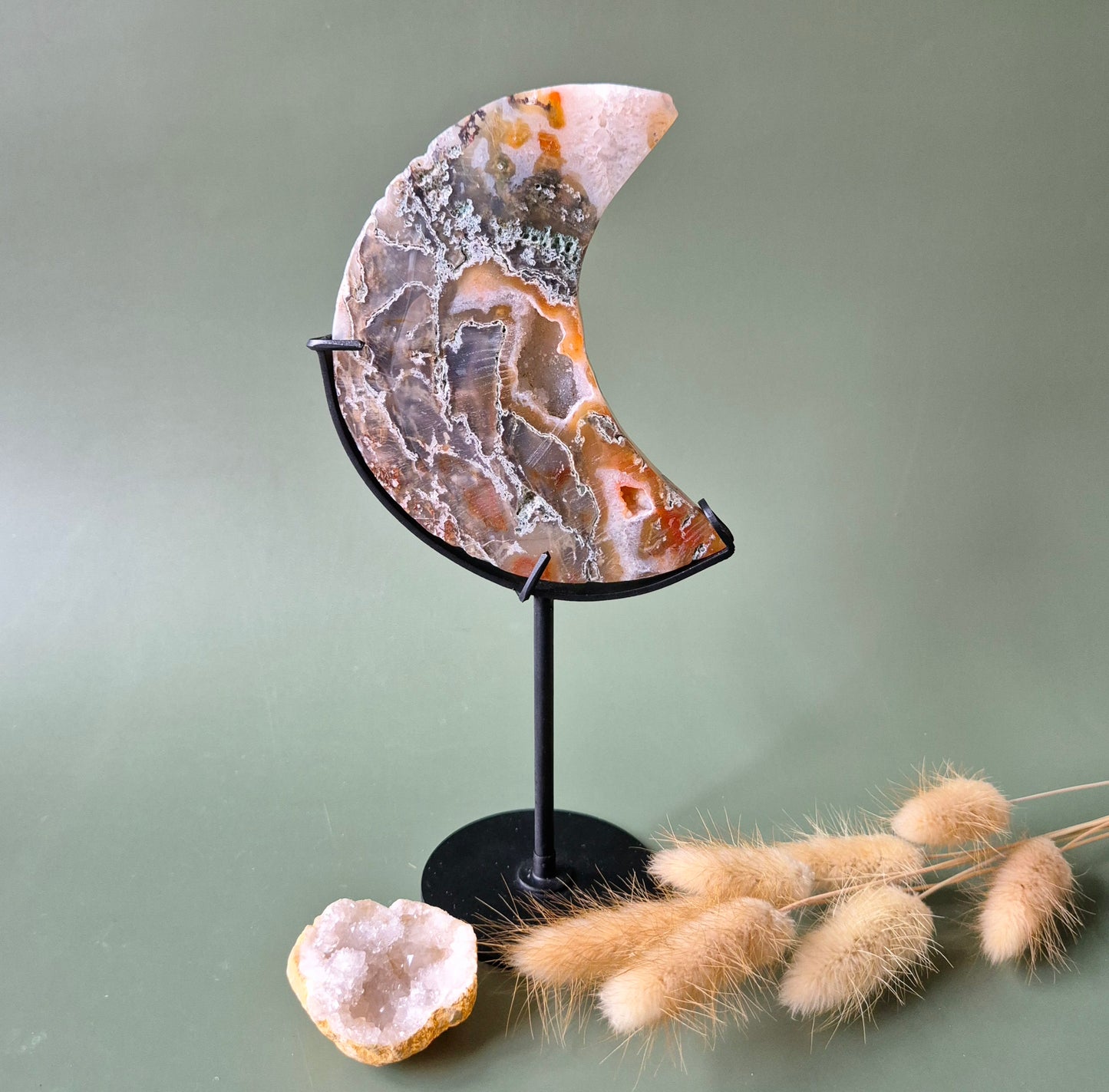 Red Druzy Moss Agate Moon (10-12 cm) on stand – #25