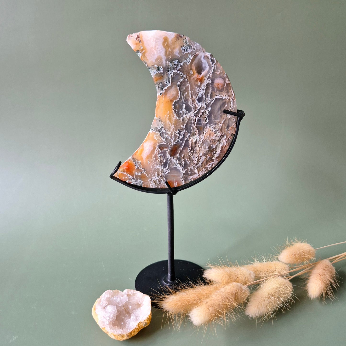 Red Druzy Moss Agate Moon (10-12 cm) on stand – #25
