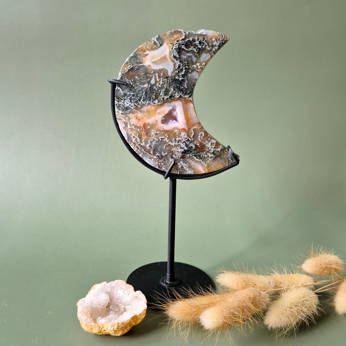 Red Druzy Moss Agate Moon (10-12 cm) on stand – #27