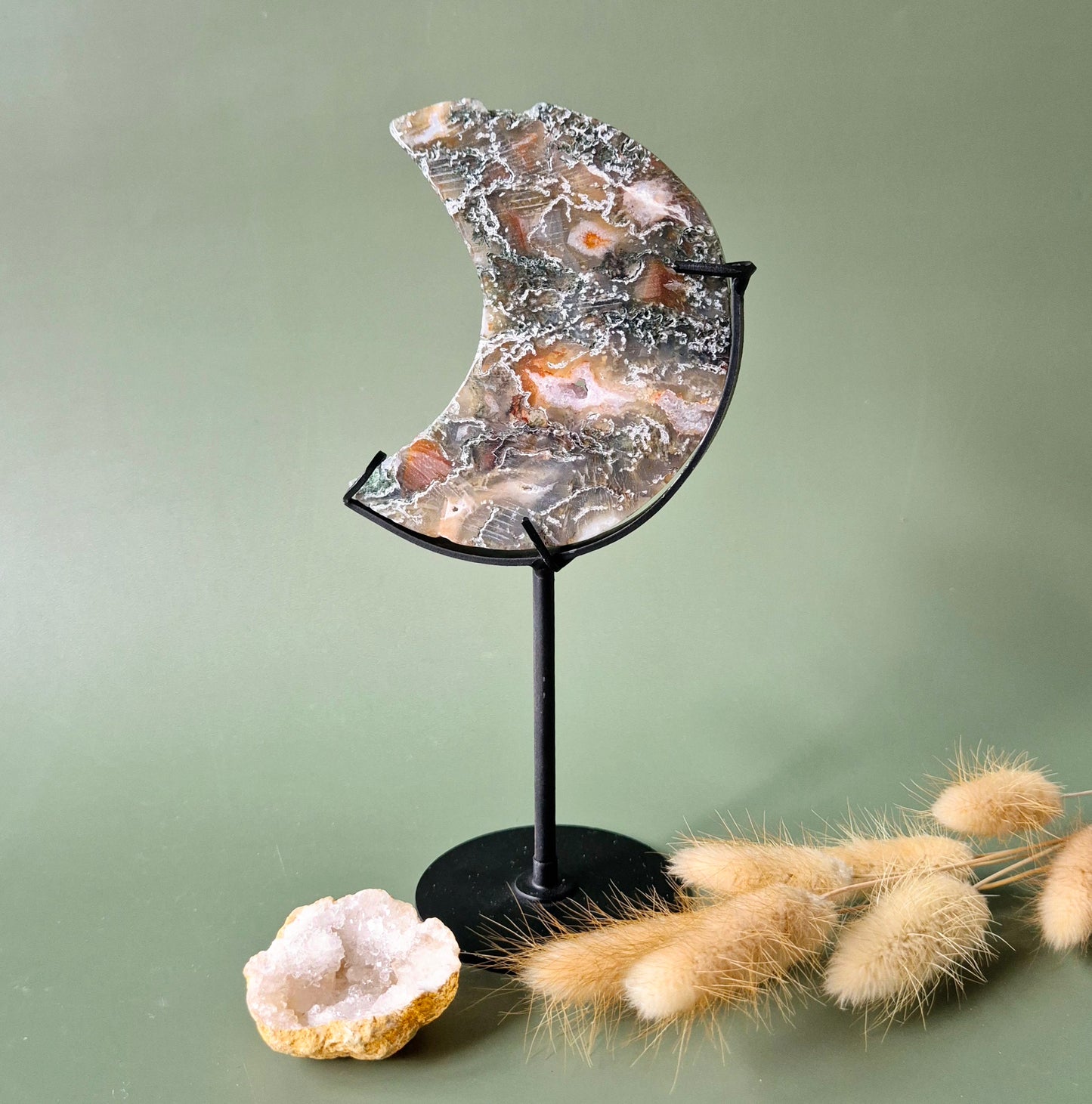 Red Druzy Moss Agate Moon (10-12 cm) on stand – #27