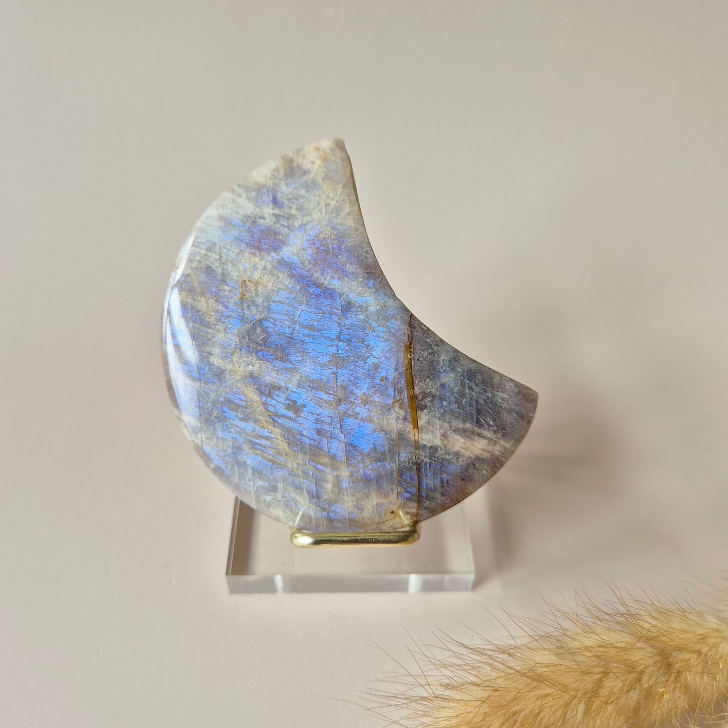 Edelsteen Blauwe Maansteen Maan op Standaard 6-8cm Met Prachtige Flash