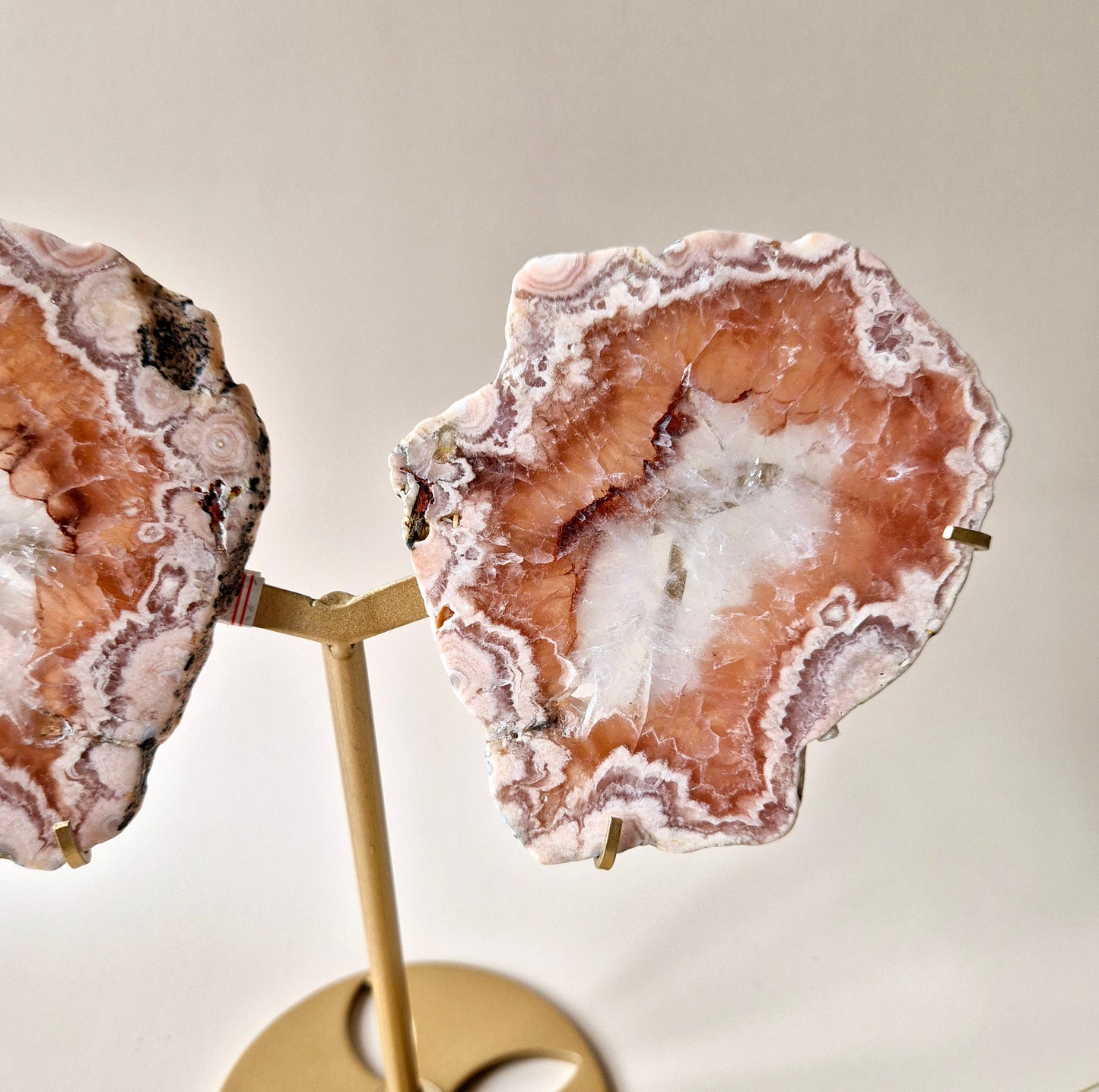 Große Flügel aus rosafarbenem Druzy-Amethyst-Edelstein auf goldenem Metallständer – Nr. 9