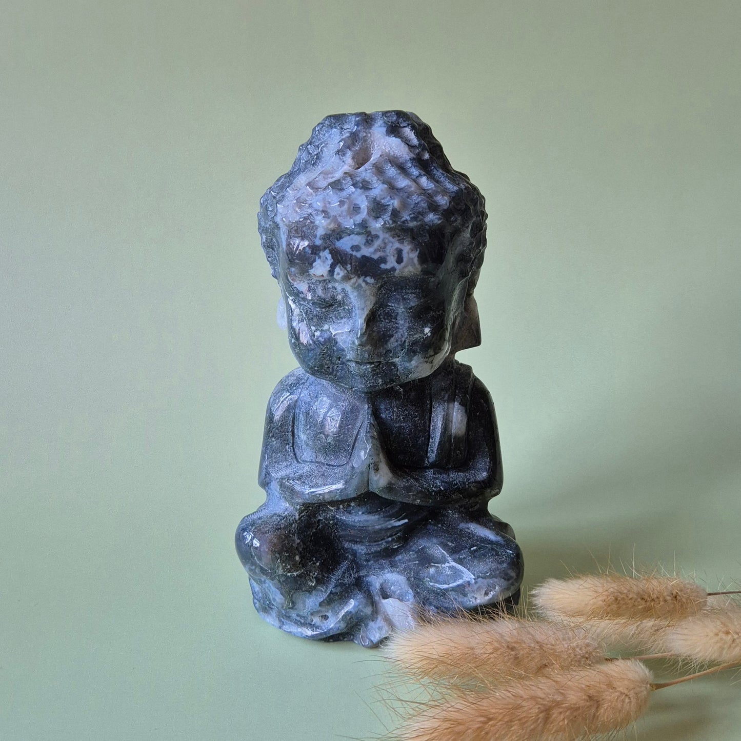 XL Druzy Mosagaat Buddha 14cm hoge geslepen Edelsteen Statement Piece