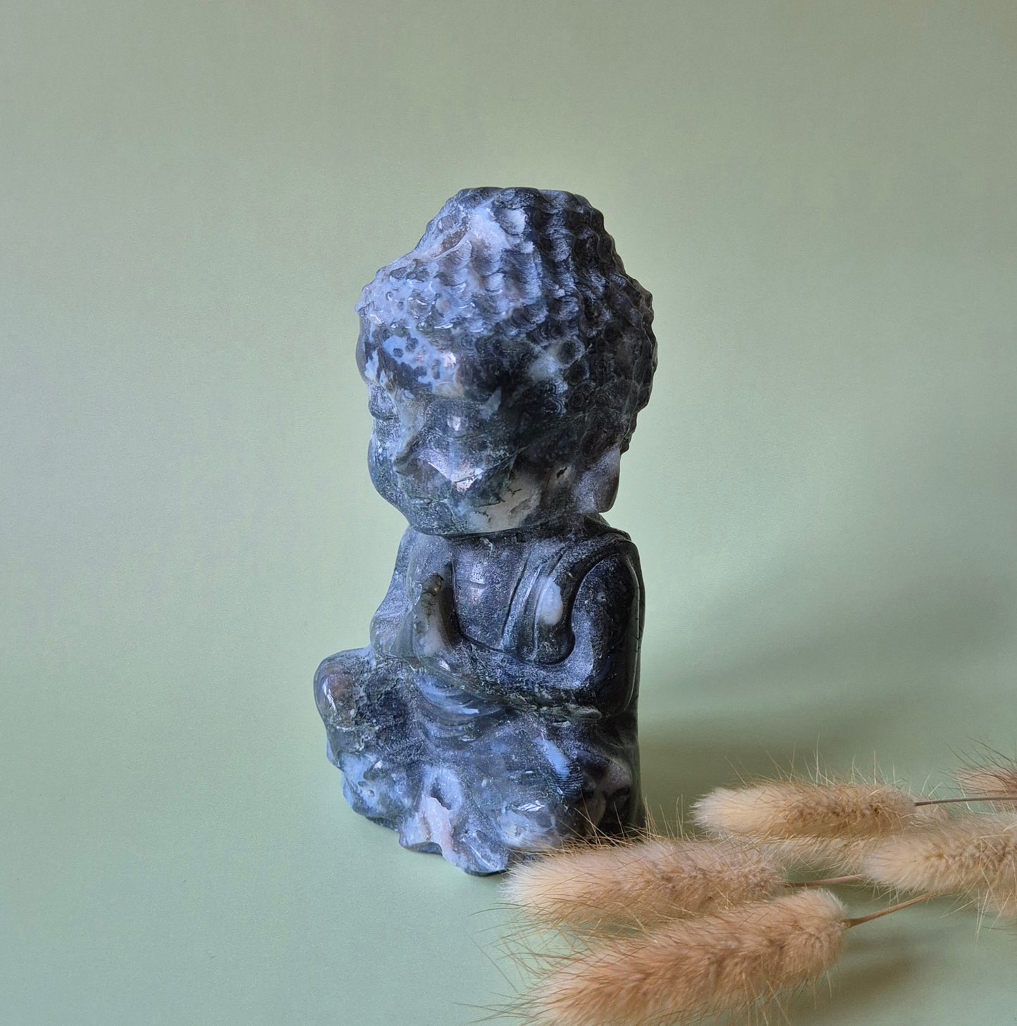 XL Druzy Mosagaat Buddha 14cm hoge geslepen Edelsteen Statement Piece