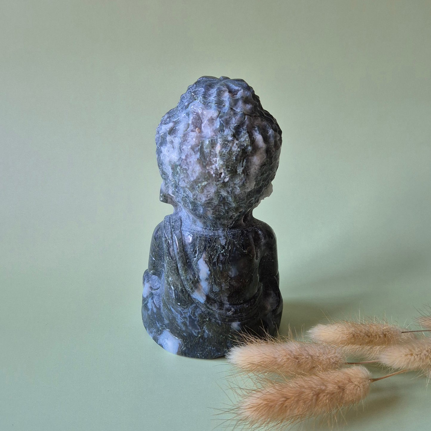 XL Druzy Mosagaat Buddha 14cm hoge geslepen Edelsteen Statement Piece
