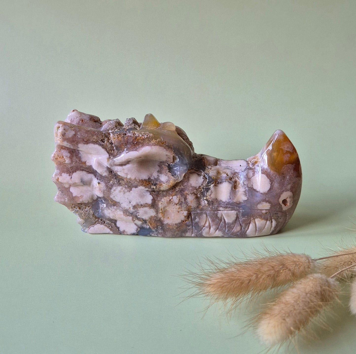 XL Edelstein Kirschblütenachat Drachenschädel 15cm (700-750 g) – Wachstum, Transformation & innere Stärke Drachenschädel Nr. 1