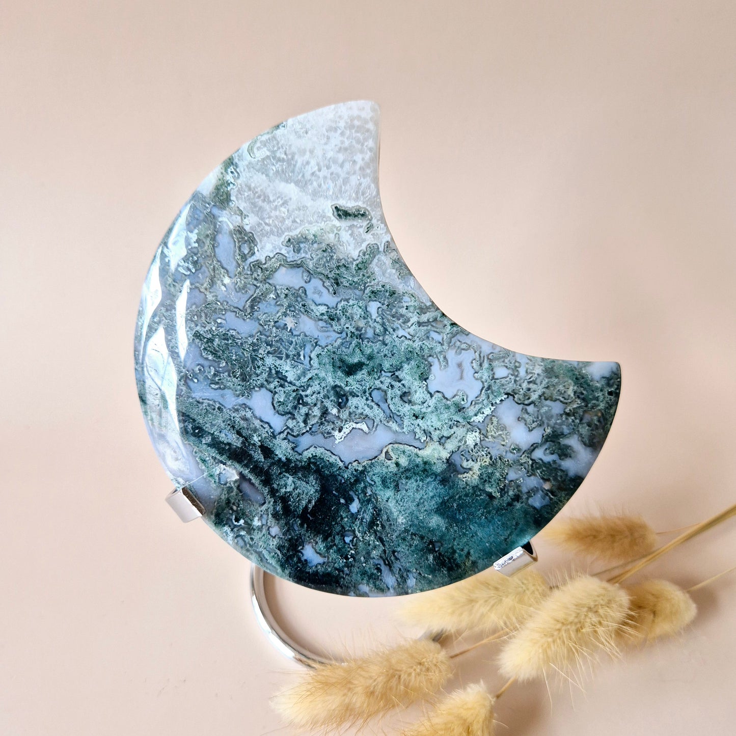 XL Edelsteen Mosagaat Maan op Standaard (Druzy & Patronen) #137 - 444g 12,7cm