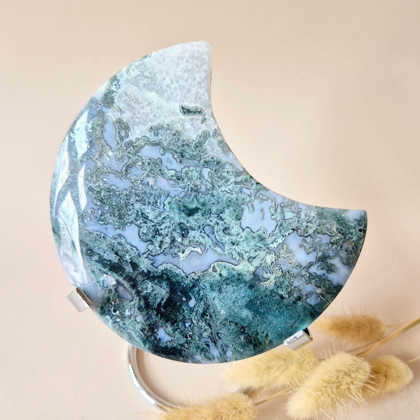 XL Edelsteen Mosagaat Maan op Standaard (Druzy & Patronen) #137 - 444g 12,7cm