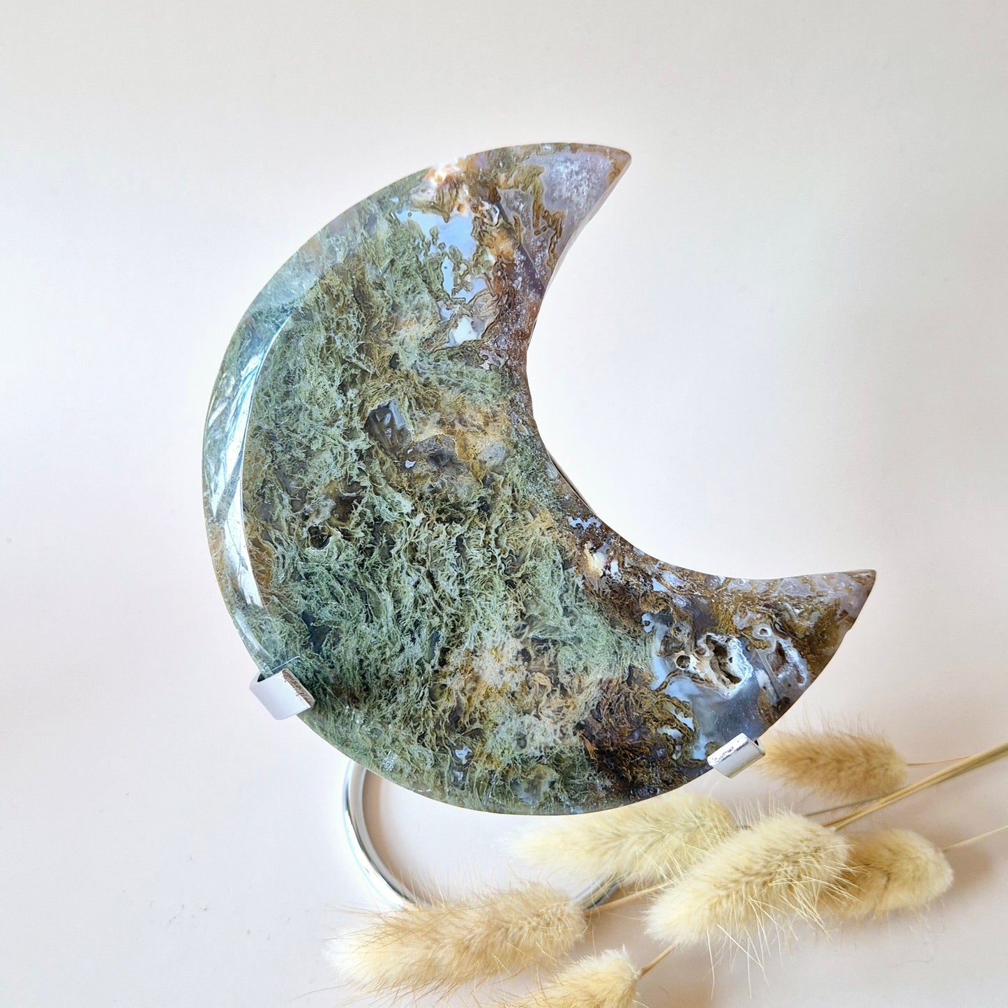 XL Edelsteen Mosagaat Maan op Standaard (Druzy & Patronen) #146 - 341g 13cm
