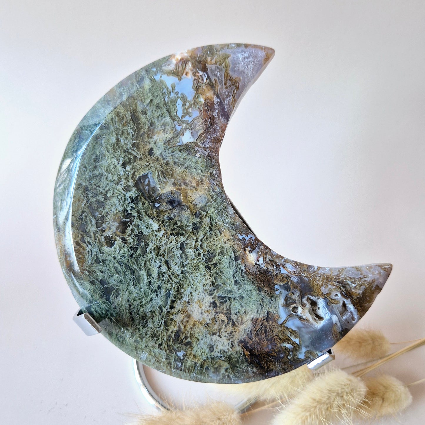XL Edelsteen Mosagaat Maan op Standaard (Druzy & Patronen) #146 - 341g 13cm