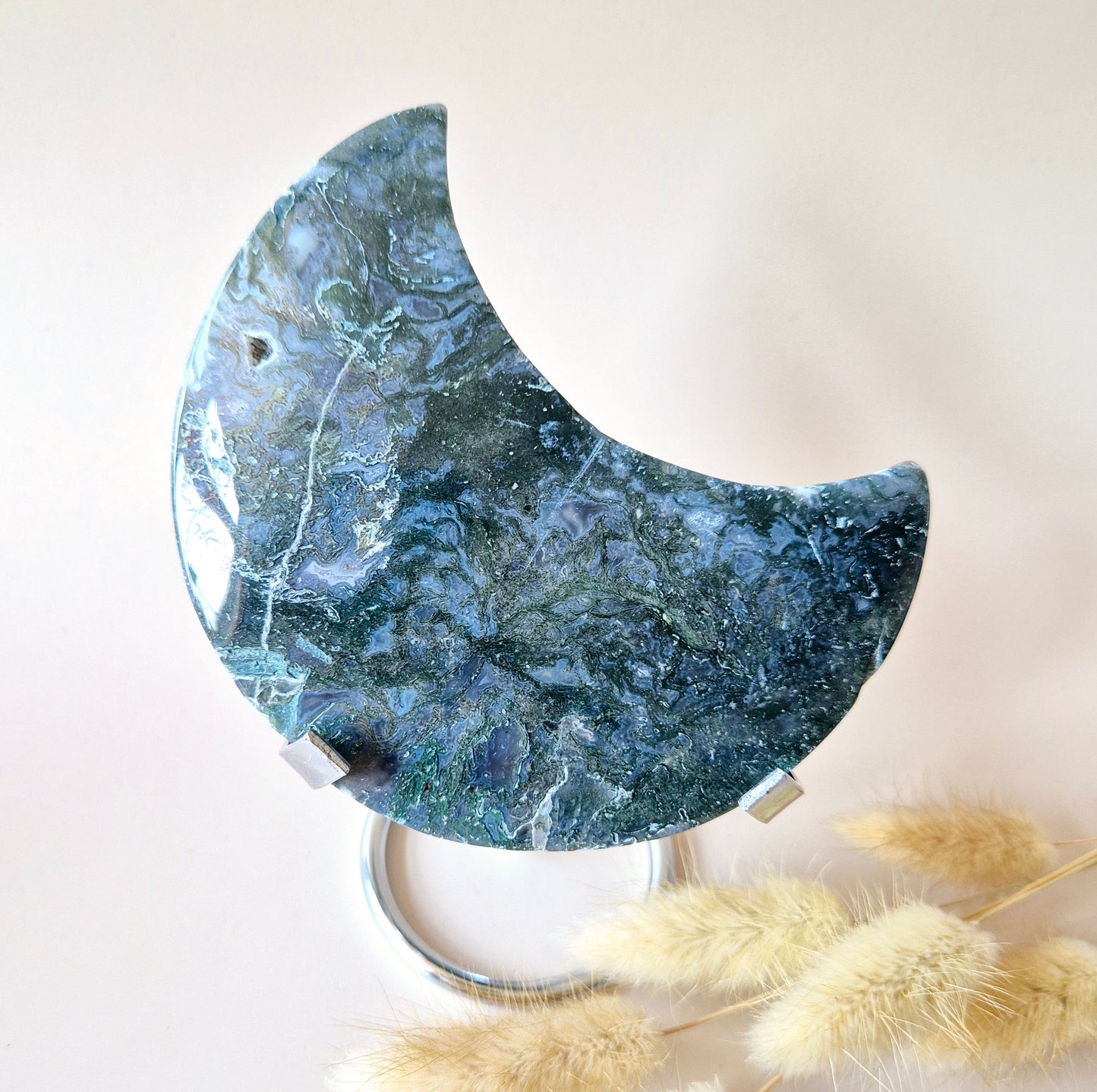 XL Edelsteen Mosagaat Maan op Standaard (Druzy & Patronen) #150 - 285g 11,7cm